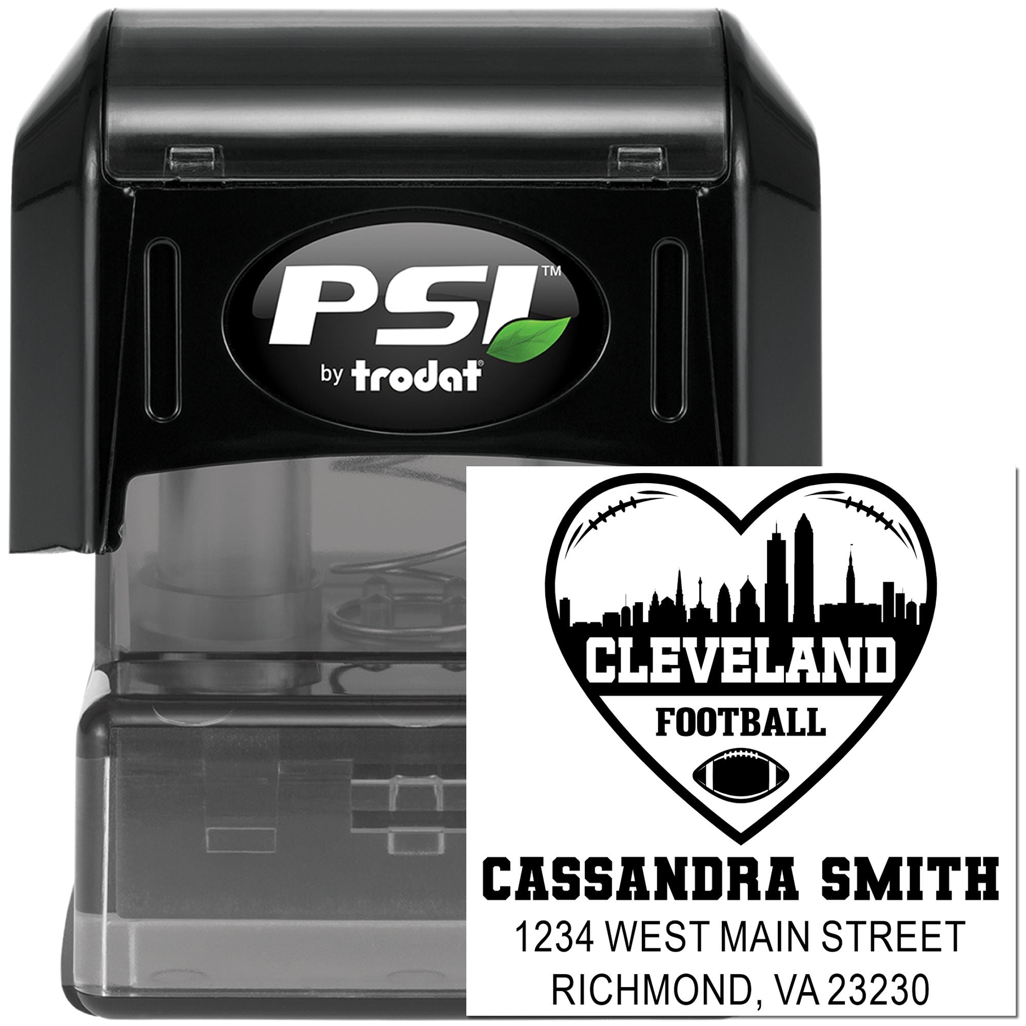 PSI by Trodat self-inking rubber stamp with custom Cleveland football address design for personalized mailing.