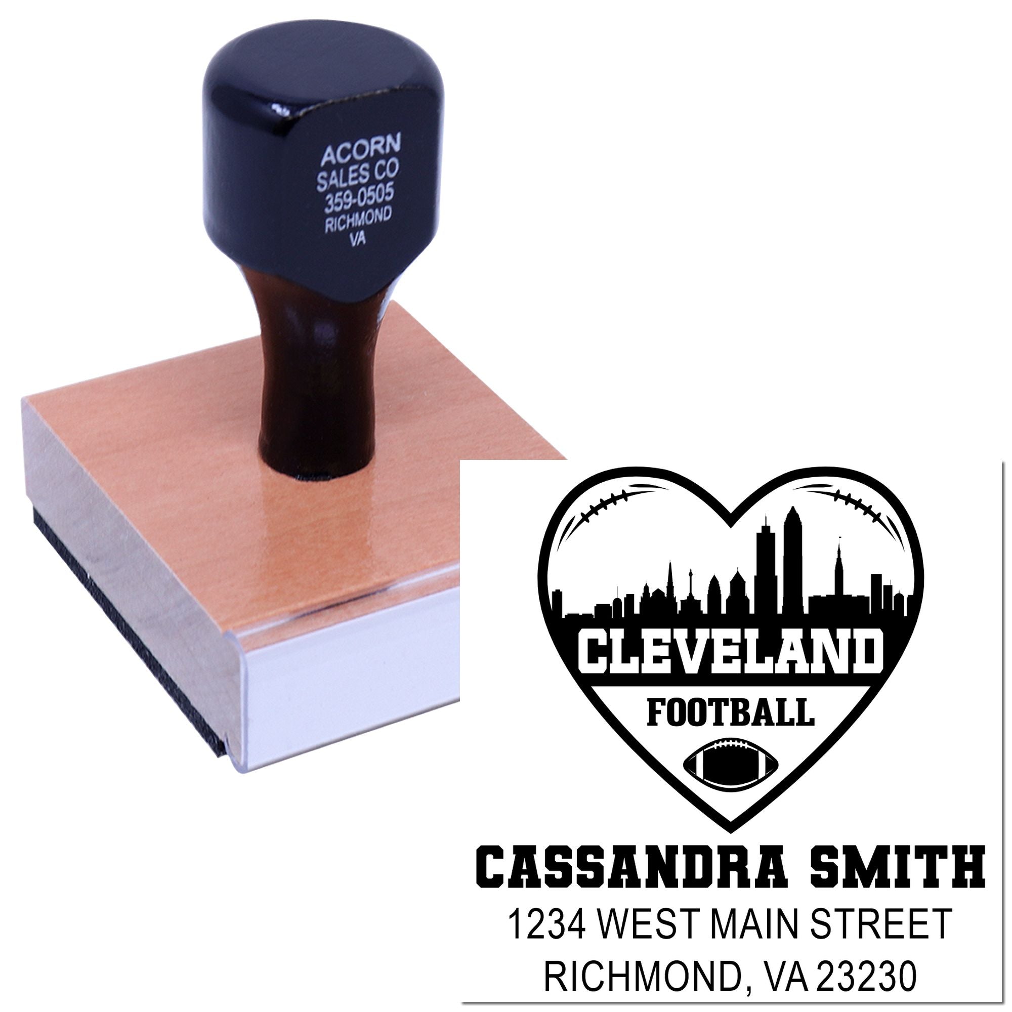 Custom logo rubber stamp with Cleveland football design and return address for personalized business branding