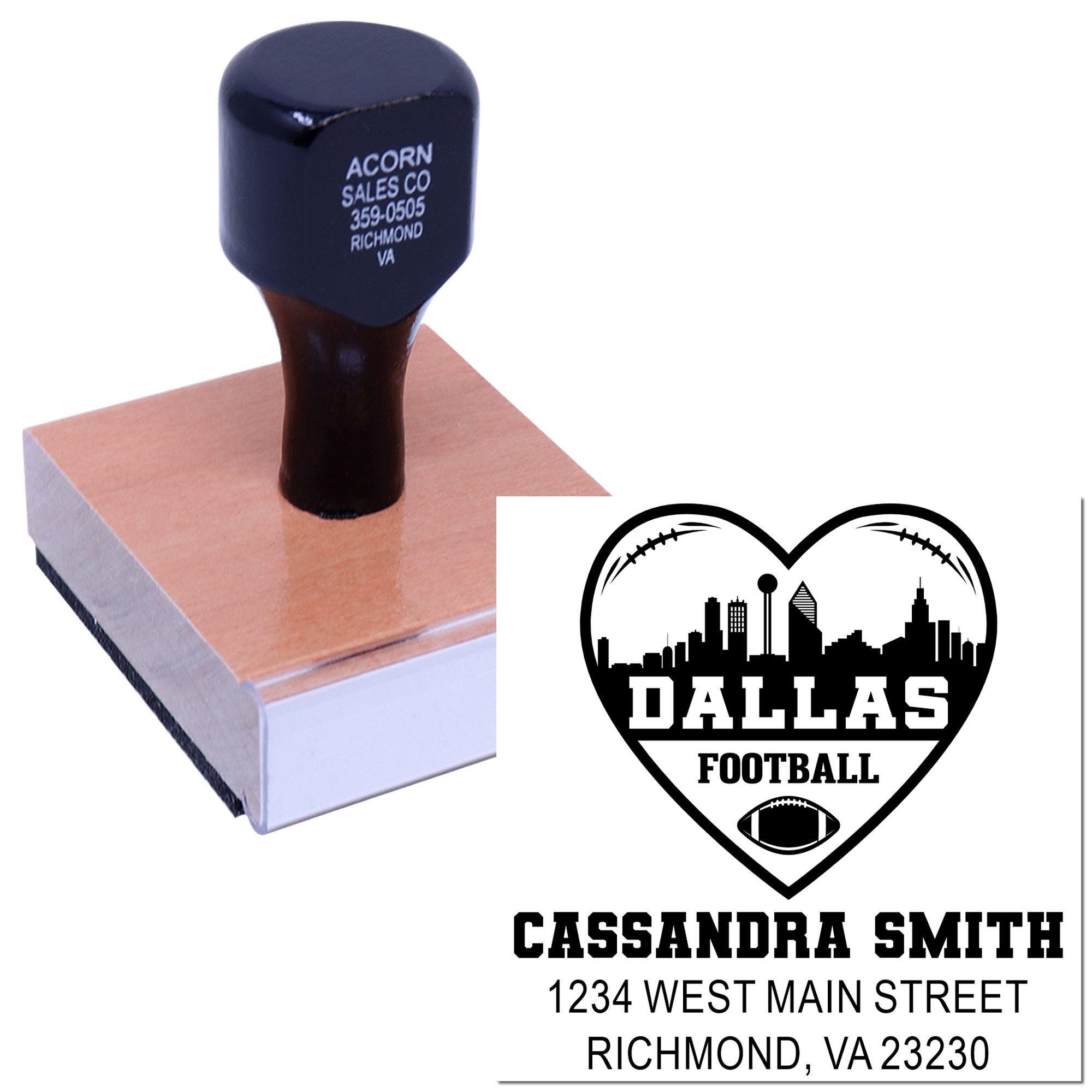 Custom rubber stamp with Dallas football heart logo and personalized name, address, and city for fan stationery