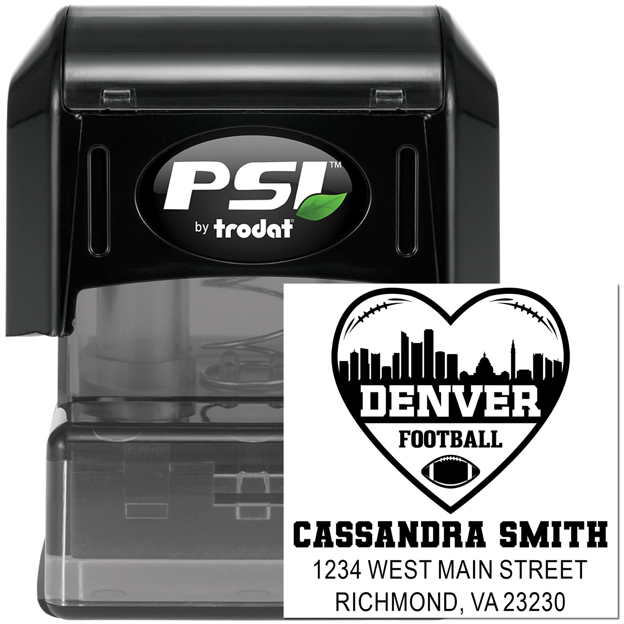 Custom PSI self-inking rubber stamp with Denver football design, name, and address imprint