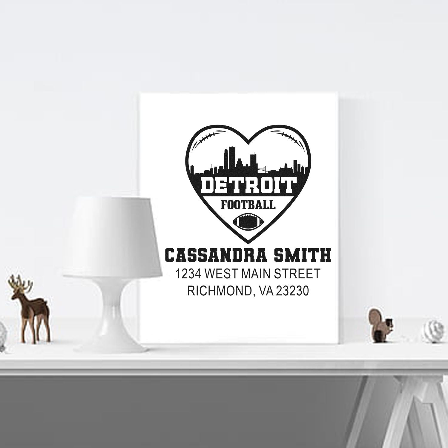 Custom Detroit football rubber stamp design with heart skyline, personalized name, and address for fan gifts or stationery.