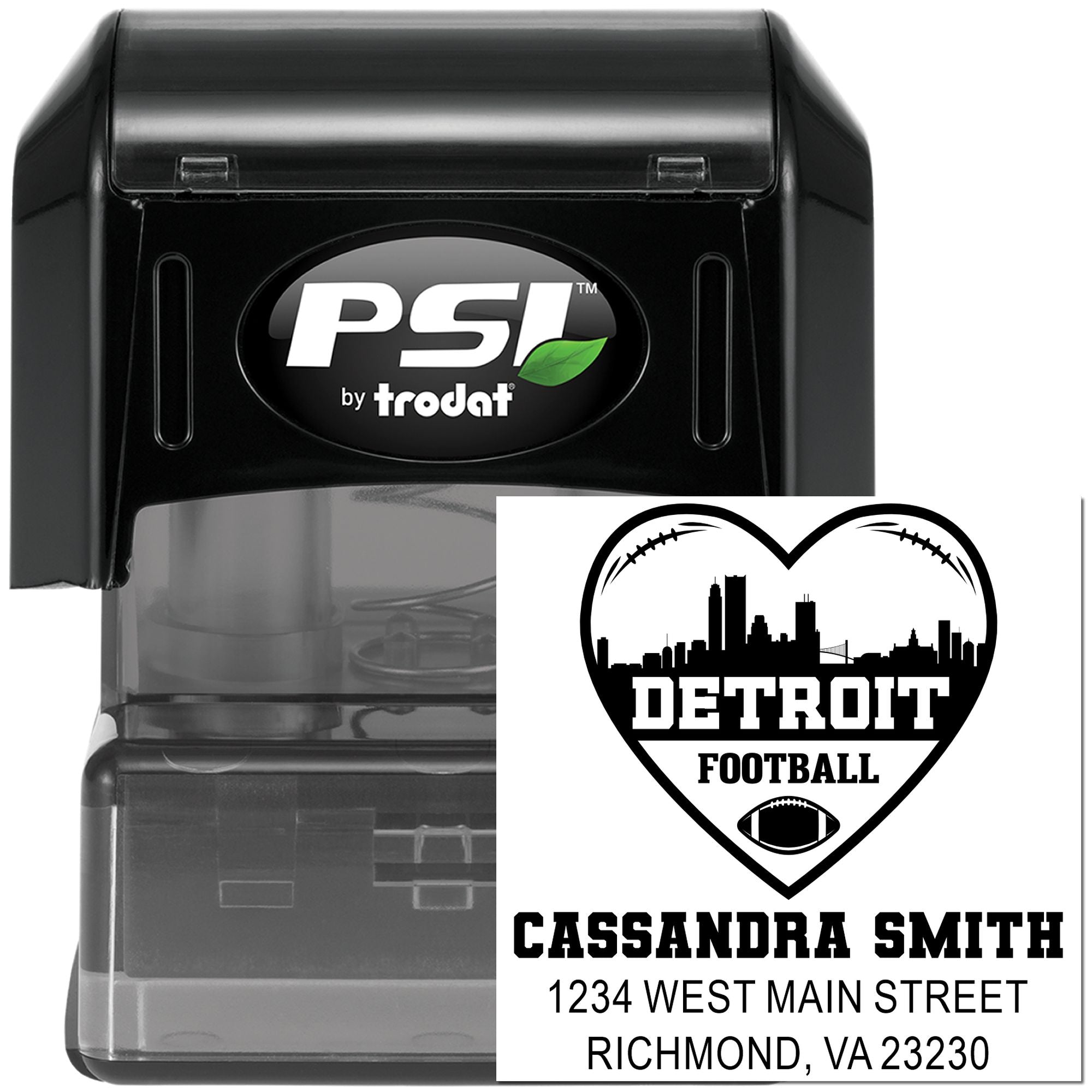 Custom self-inking rubber stamp by PSI by Trodat featuring Detroit football heart design with Cassandra Smith address.