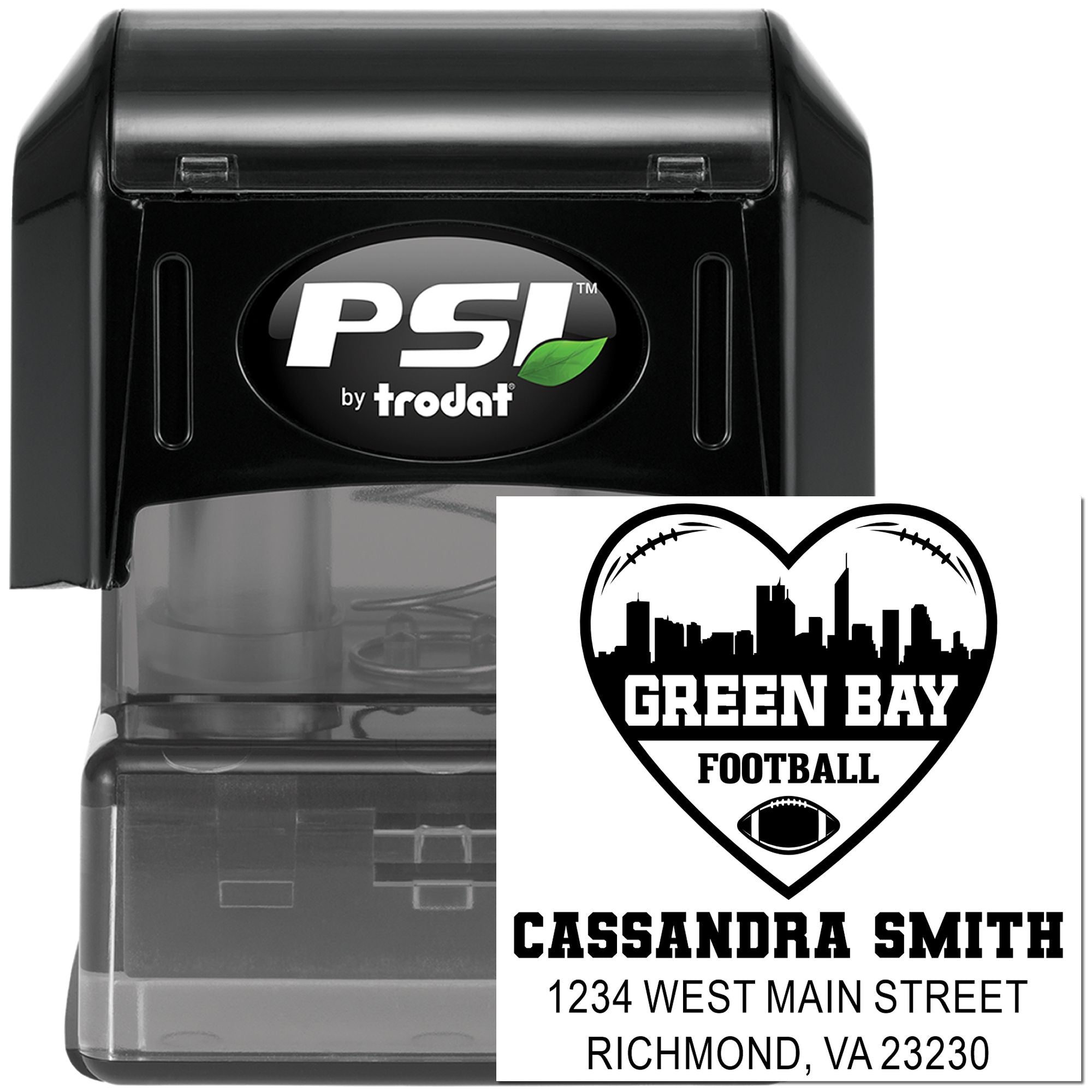 PSI by Trodat custom self-inking rubber stamp with Green Bay Football heart logo, name, and address.