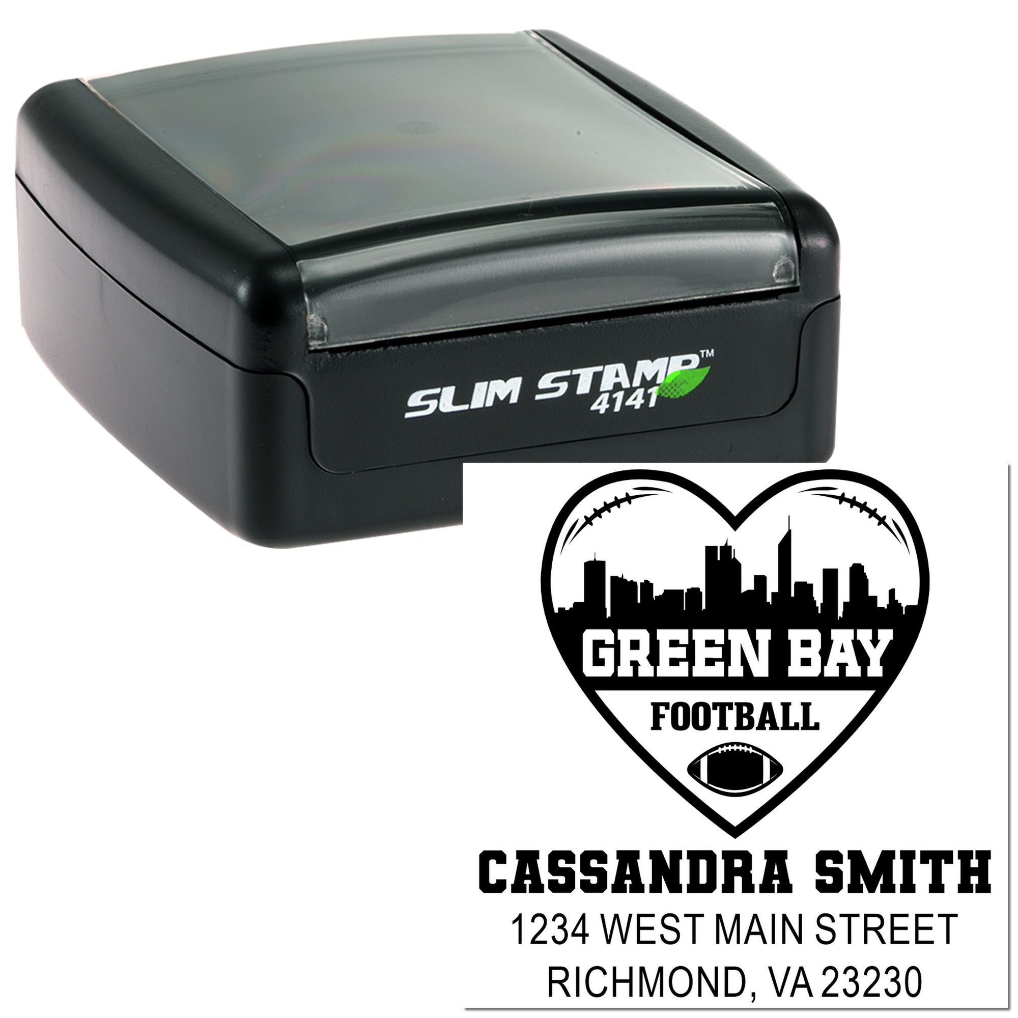 Slim Stamp self-inking rubber stamp with custom Green Bay football logo, name, and address imprint.