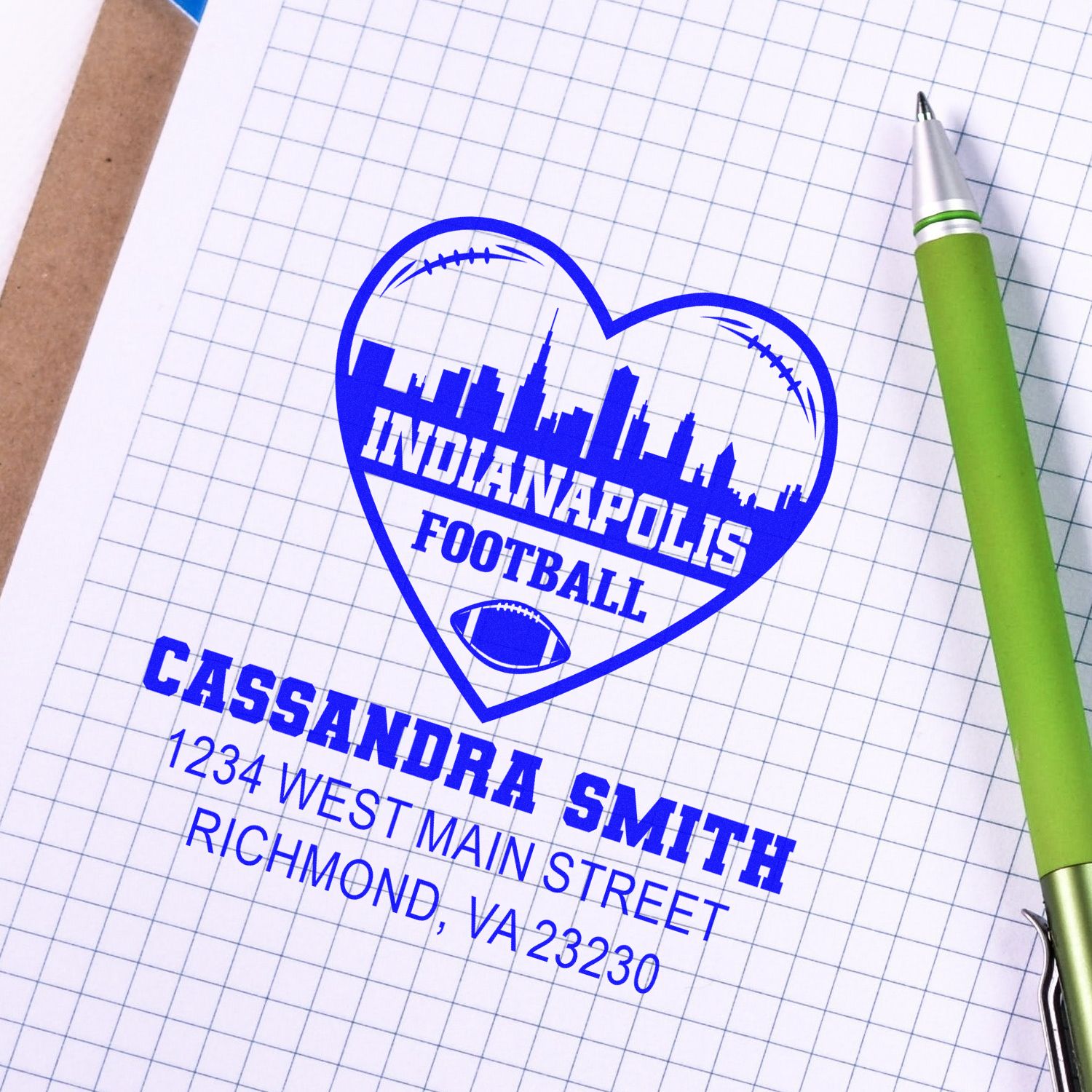 Personalized Indianapolis football address rubber stamp with Cassandra Smith name and Richmond, VA address.