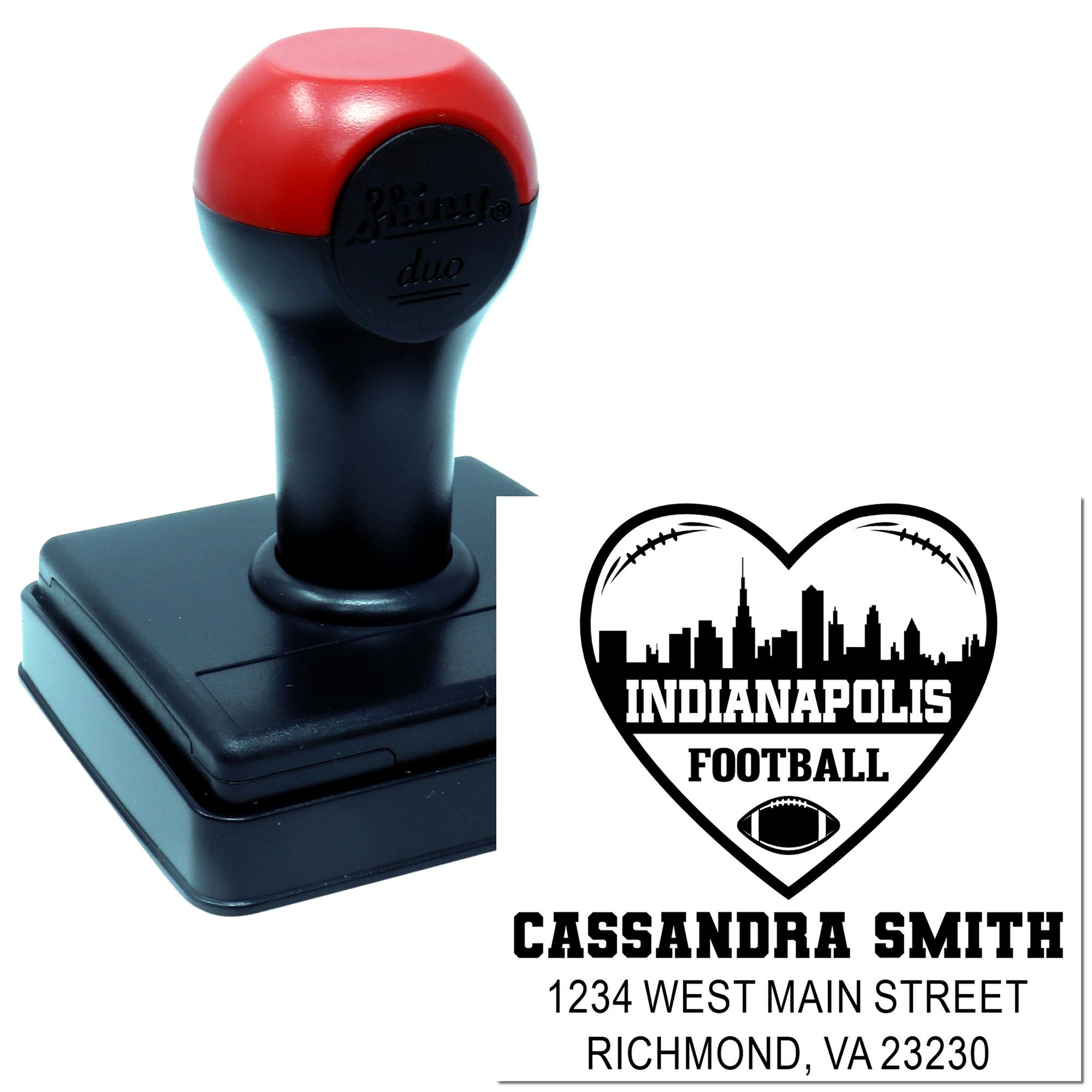 Custom self-inking rubber stamp with Indianapolis Football heart design, Cassandra Smith name, and address imprint for personalized stamping