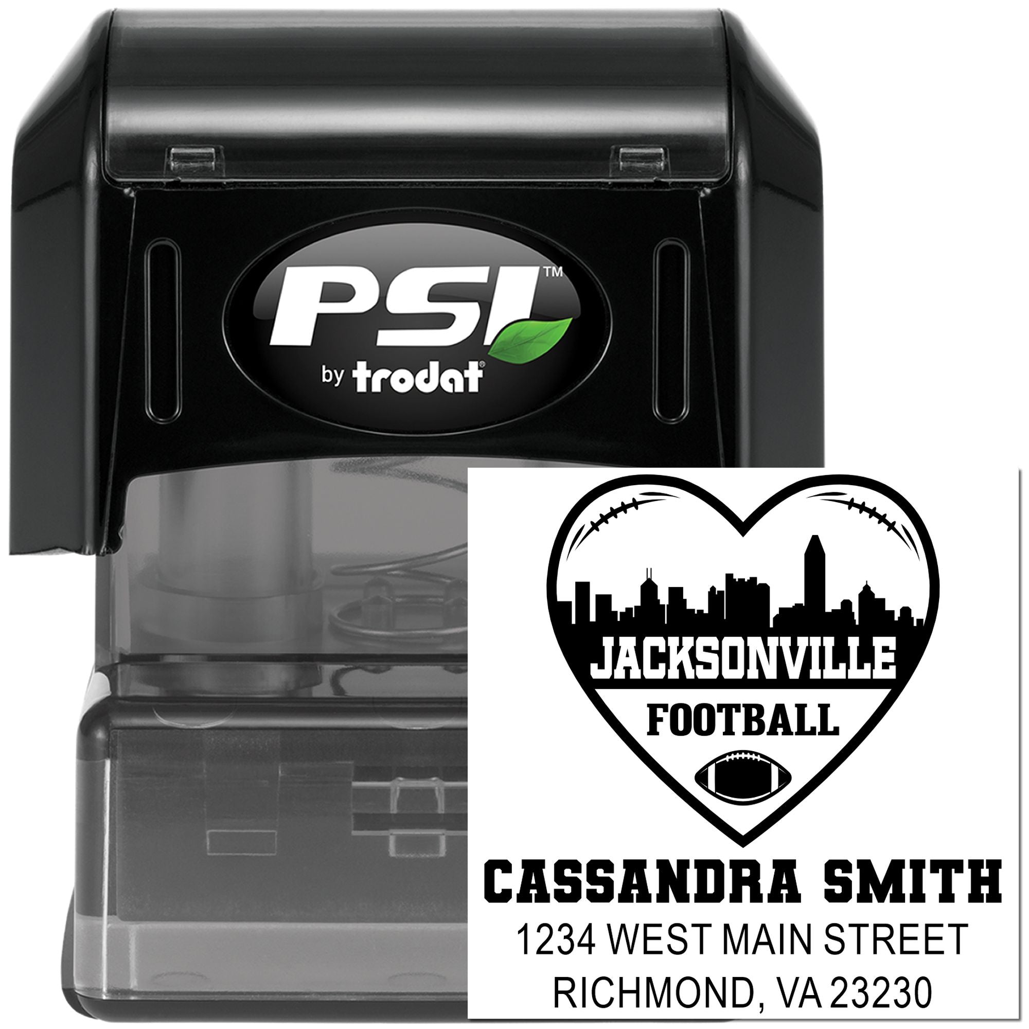 PSI by Trodat personalized self-inking rubber stamp with custom football address design for Cassandra Smith, Jacksonville, Florida
