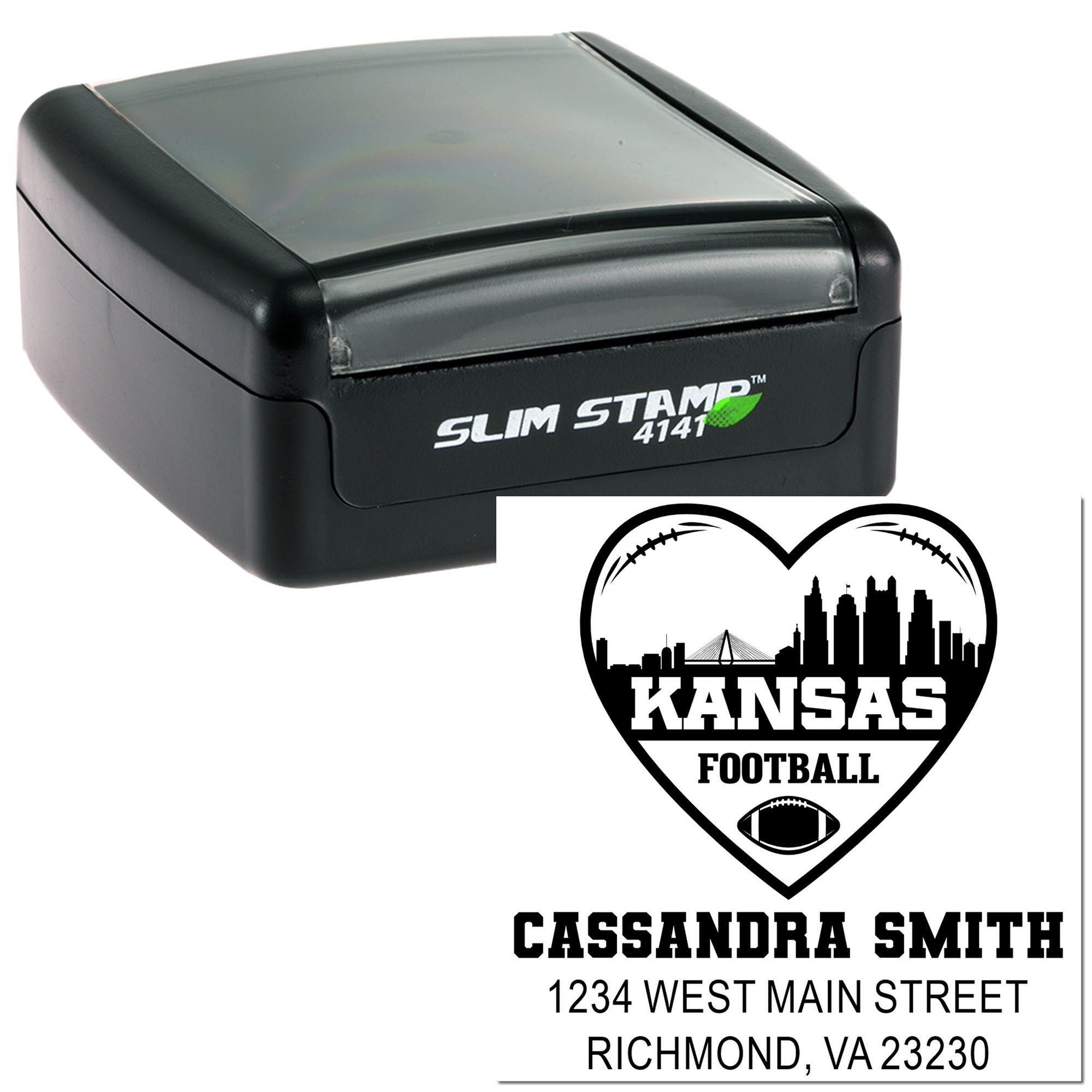 Custom self-inking rubber stamp with Kansas football heart design and address label for Cassandra Smith.