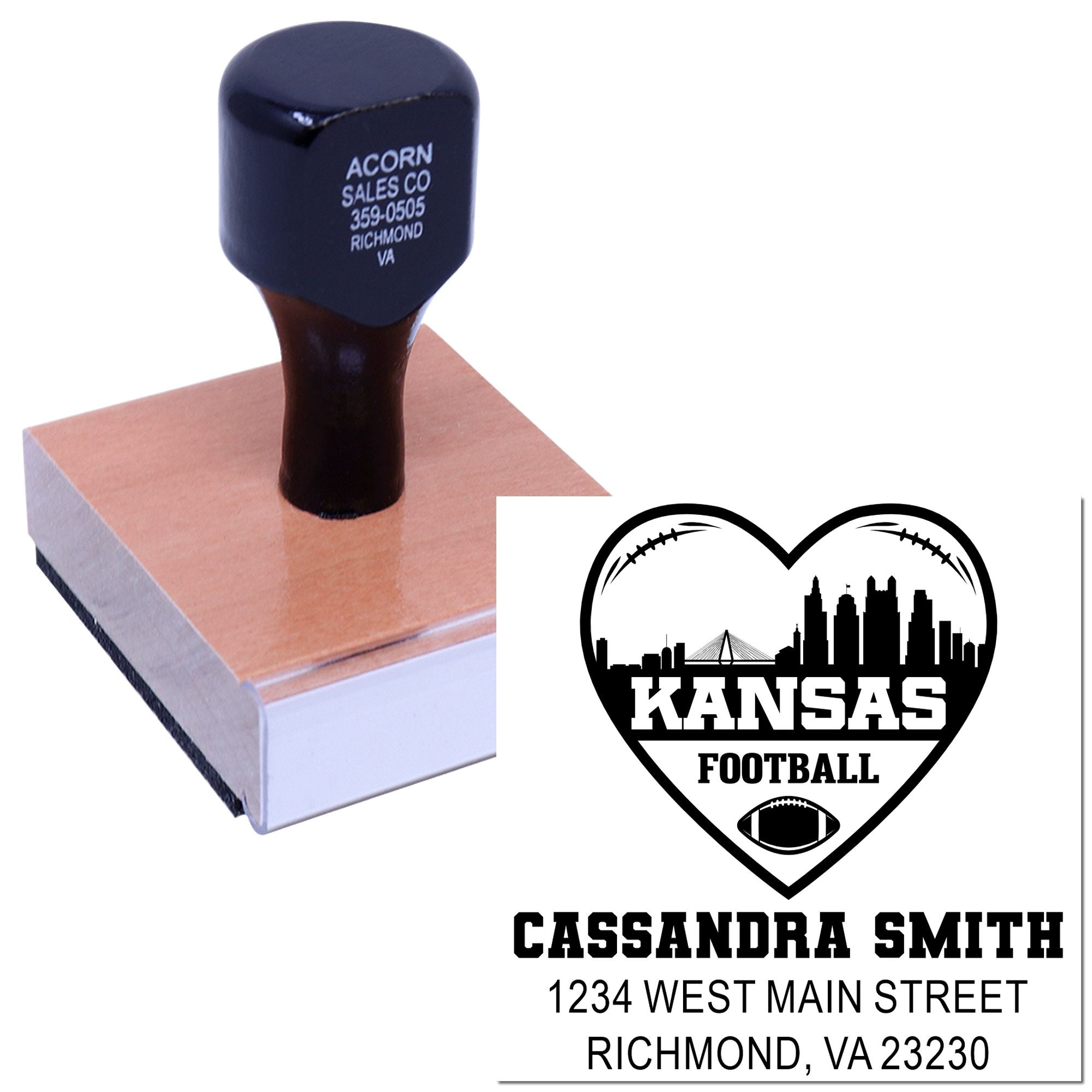 Custom rubber stamp with Kansas football heart logo, name, and return address for personalized address labeling.