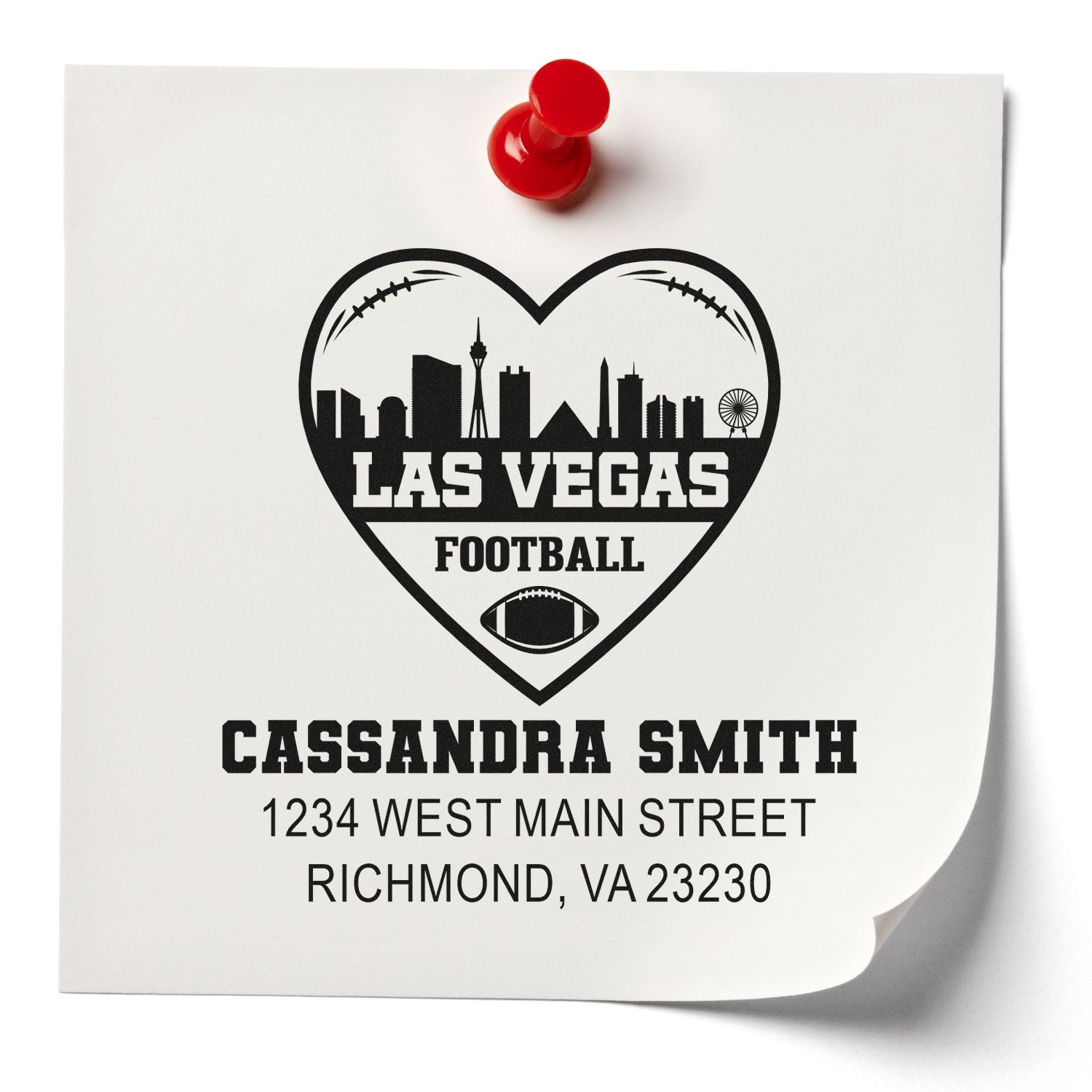 Personalized return address rubber stamp with Las Vegas football heart design for Cassandra Smith, Richmond VA.