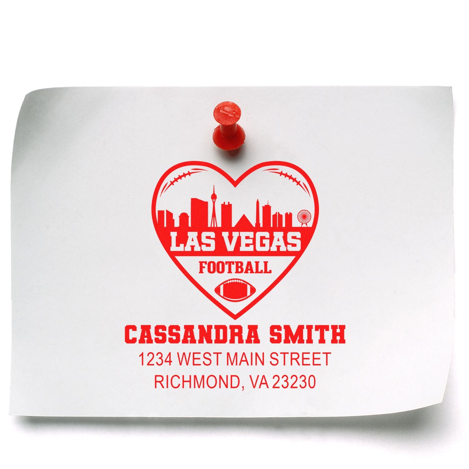Personalized custom rubber return address stamp with Las Vegas football heart logo and mailing address.