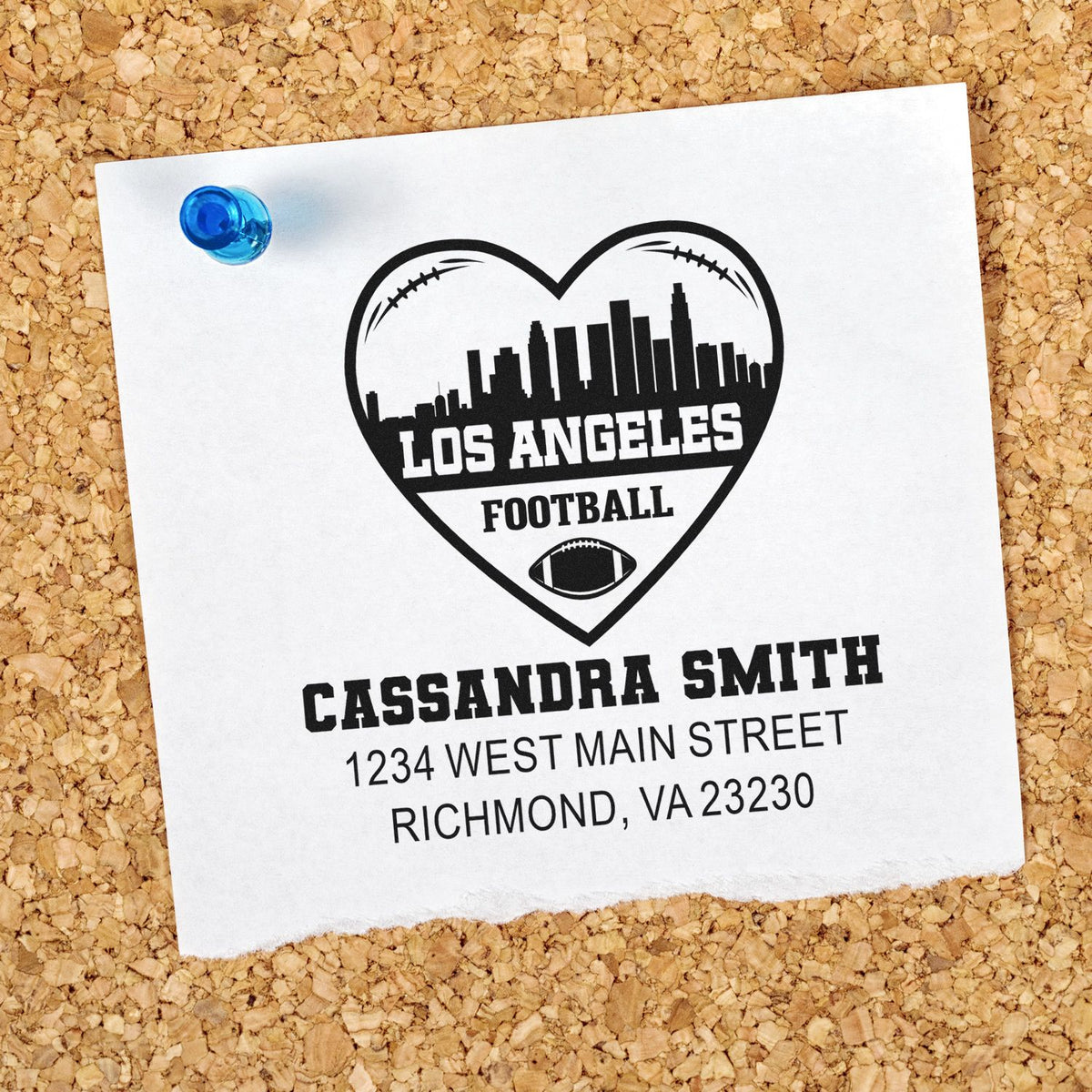 Custom Los Angeles football return address rubber stamp with heart skyline design for personalized mailing