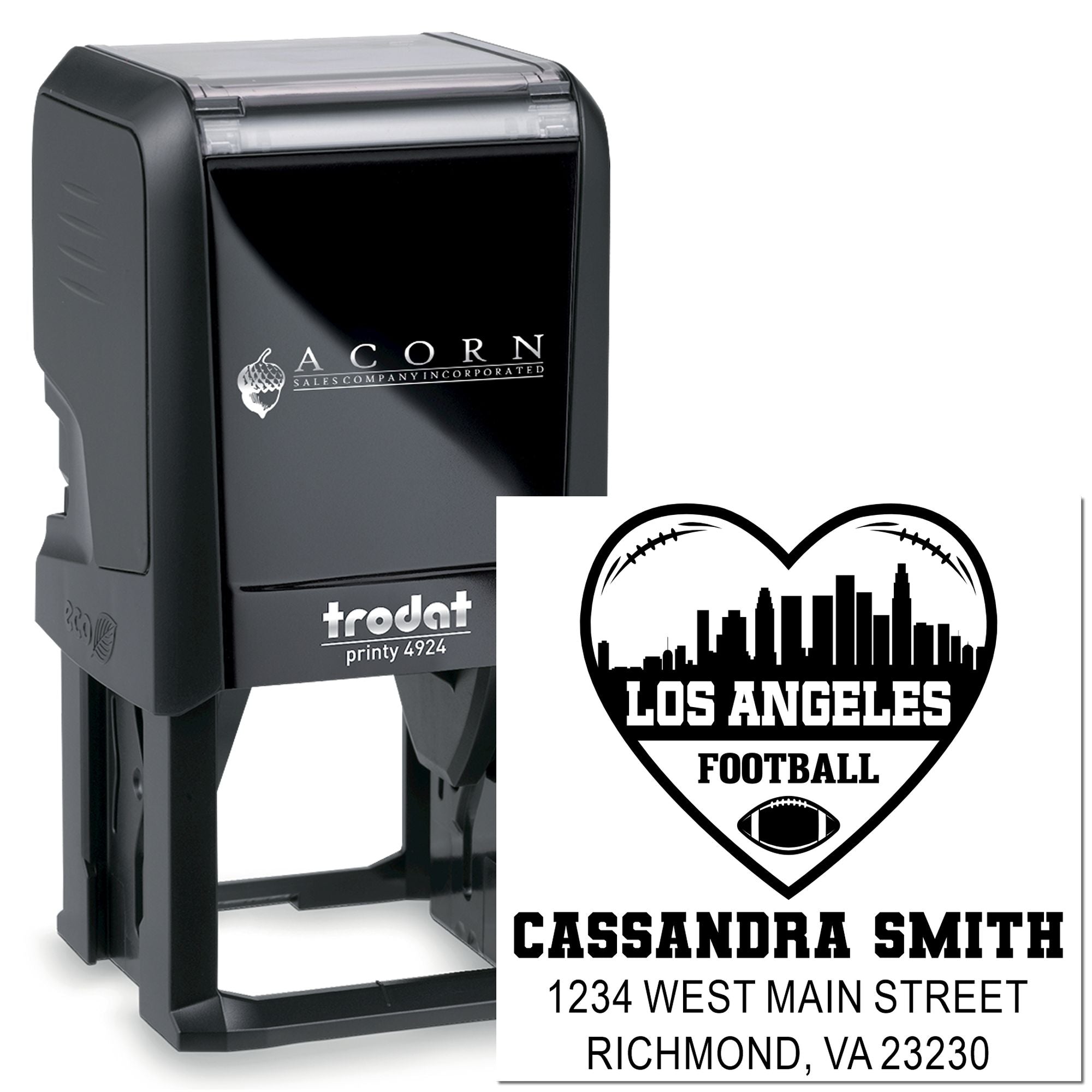 Custom self-inking address rubber stamp with football logo, shown on a Trodat Printy 4924 stamp.