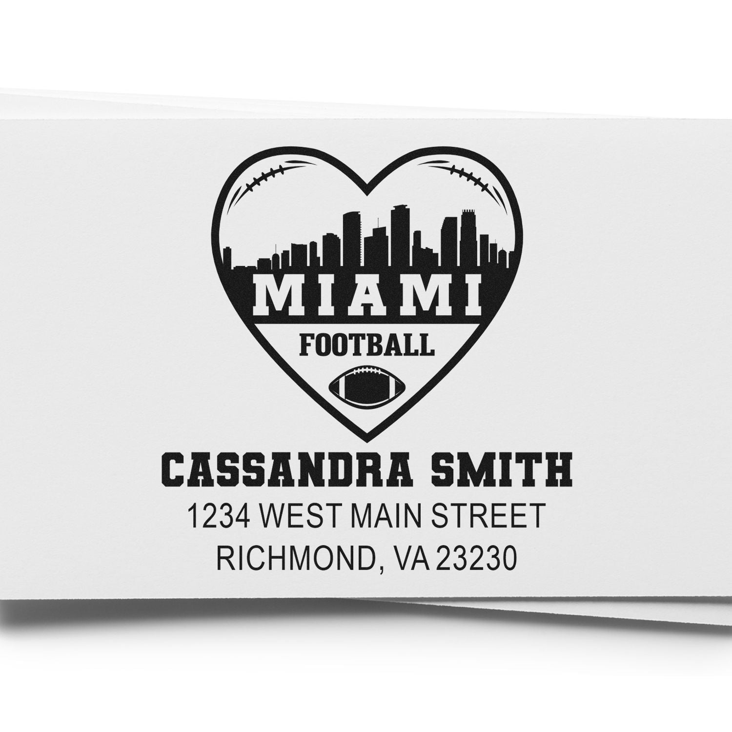 Custom Miami football rubber stamp with heart skyline logo, personalized for Cassandra Smith, Richmond, VA address.