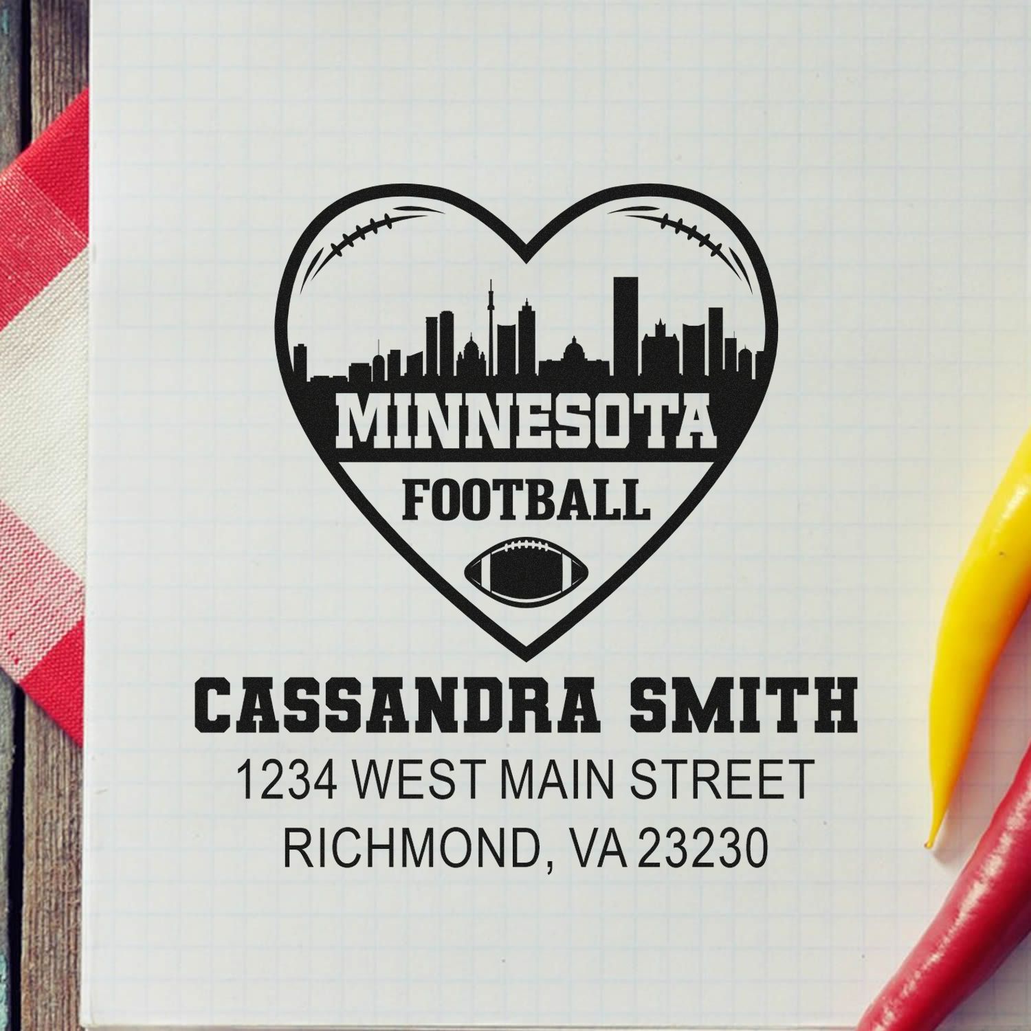 Custom Minnesota football return address rubber stamp with skyline heart, Cassandra Smith name, and address.