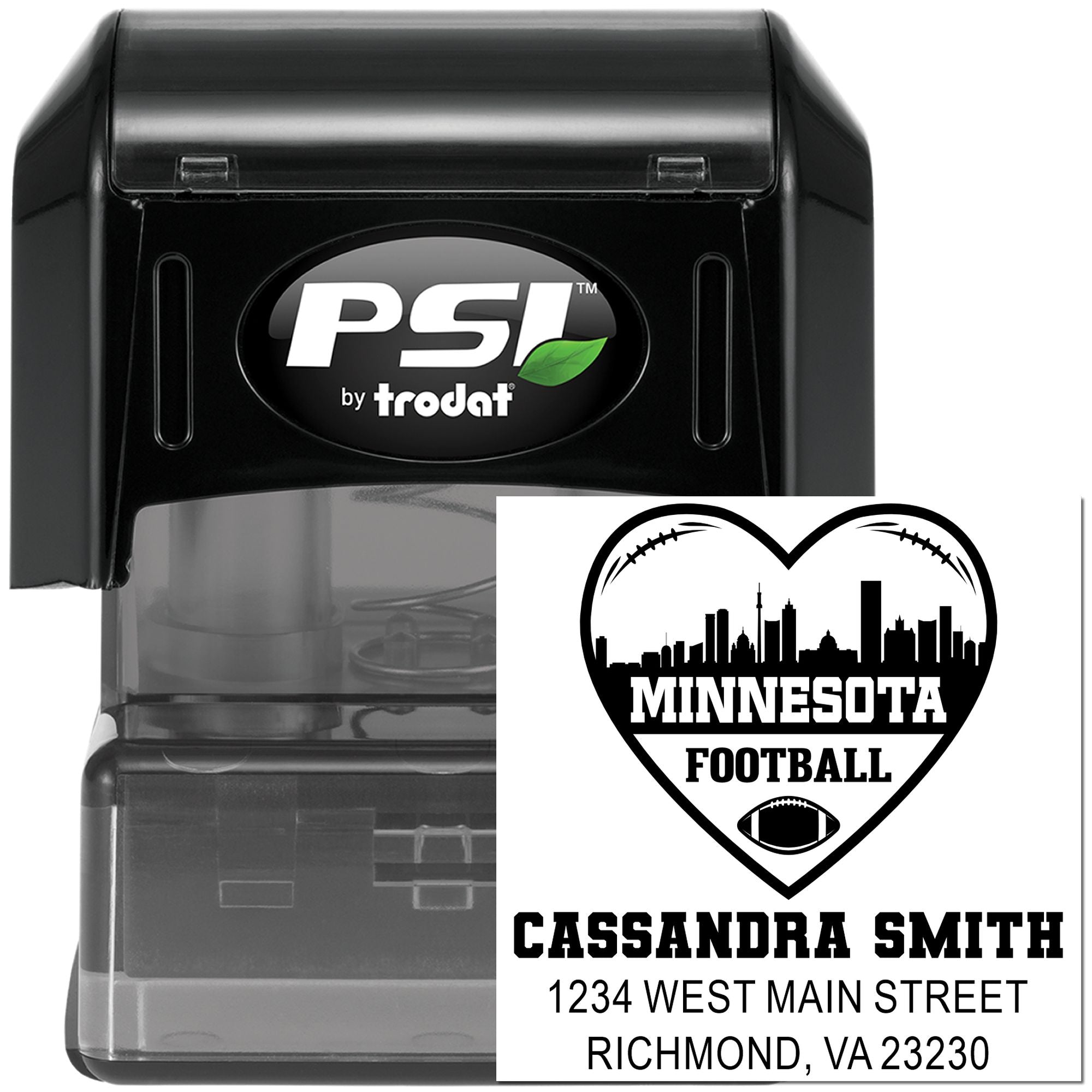 Custom self-inking address rubber stamp by PSI Trodat with Minnesota football heart design and personalized name and address.