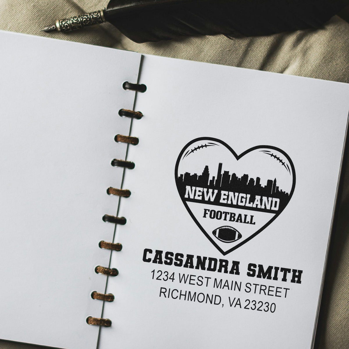 Custom return address rubber stamp for a New England Football fan with name and address in a heart logo.