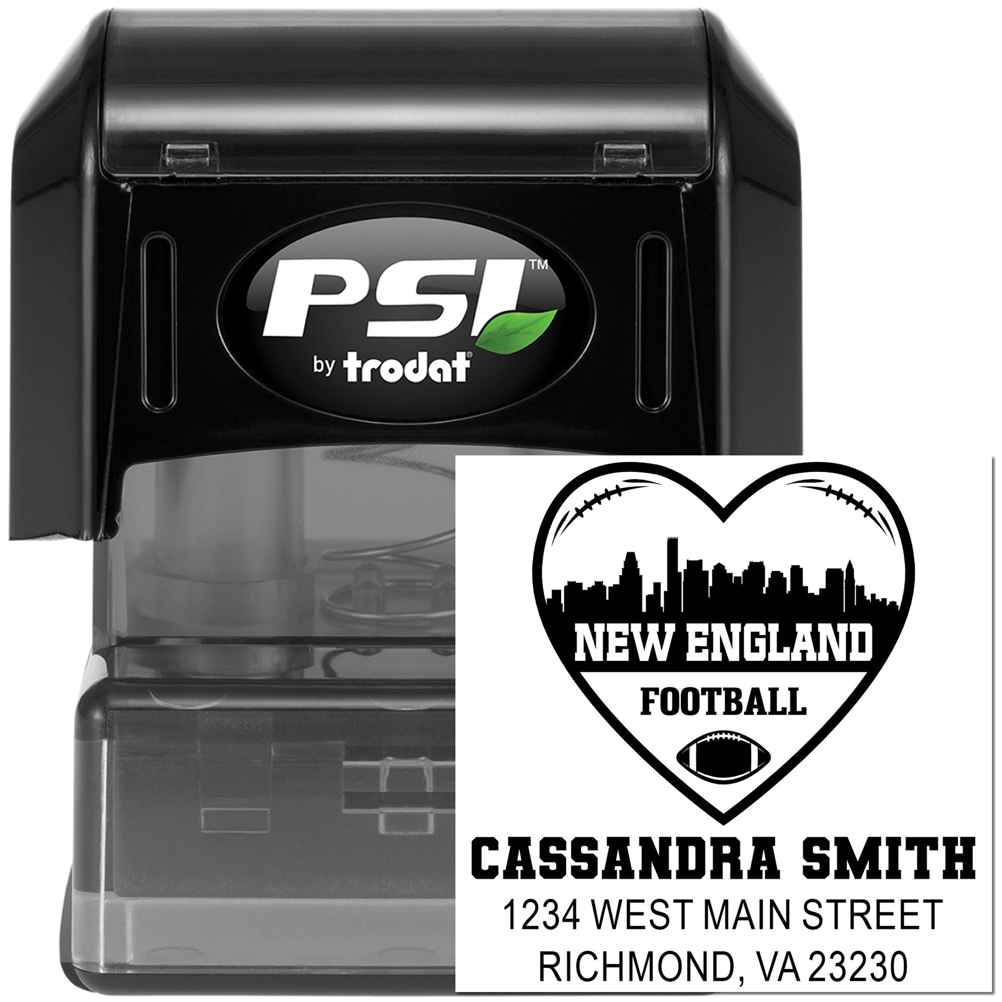 PSI by Trodat self-inking rubber stamp with custom New England Football address imprint and skyline logo
