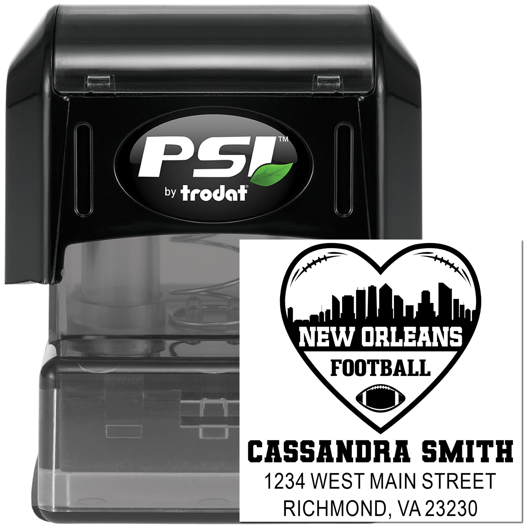 PSI by Trodat self-inking custom rubber stamp with New Orleans Football address design for personalized mailing.
