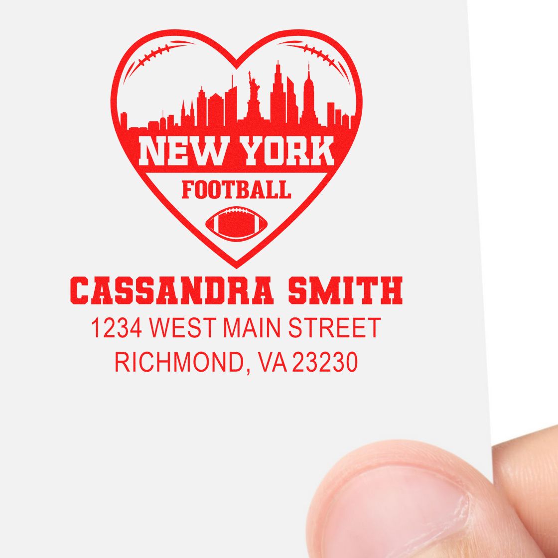 Personalized New York football rubber stamp with heart skyline, name and address for Cassandra Smith.