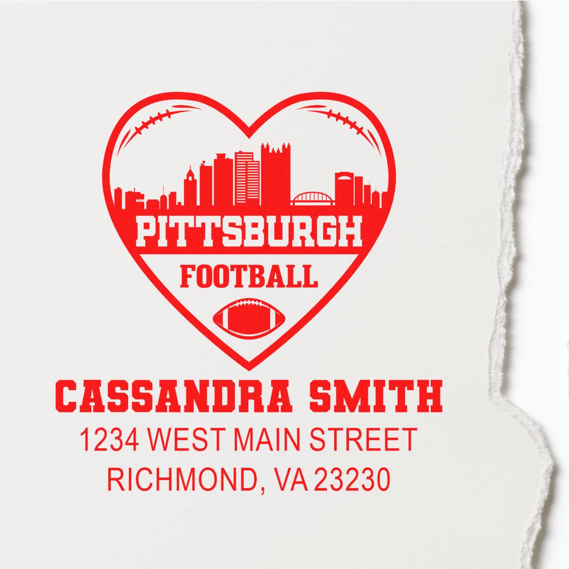 Custom Pittsburgh football heart return address rubber stamp with personalized name and address for sports fans.