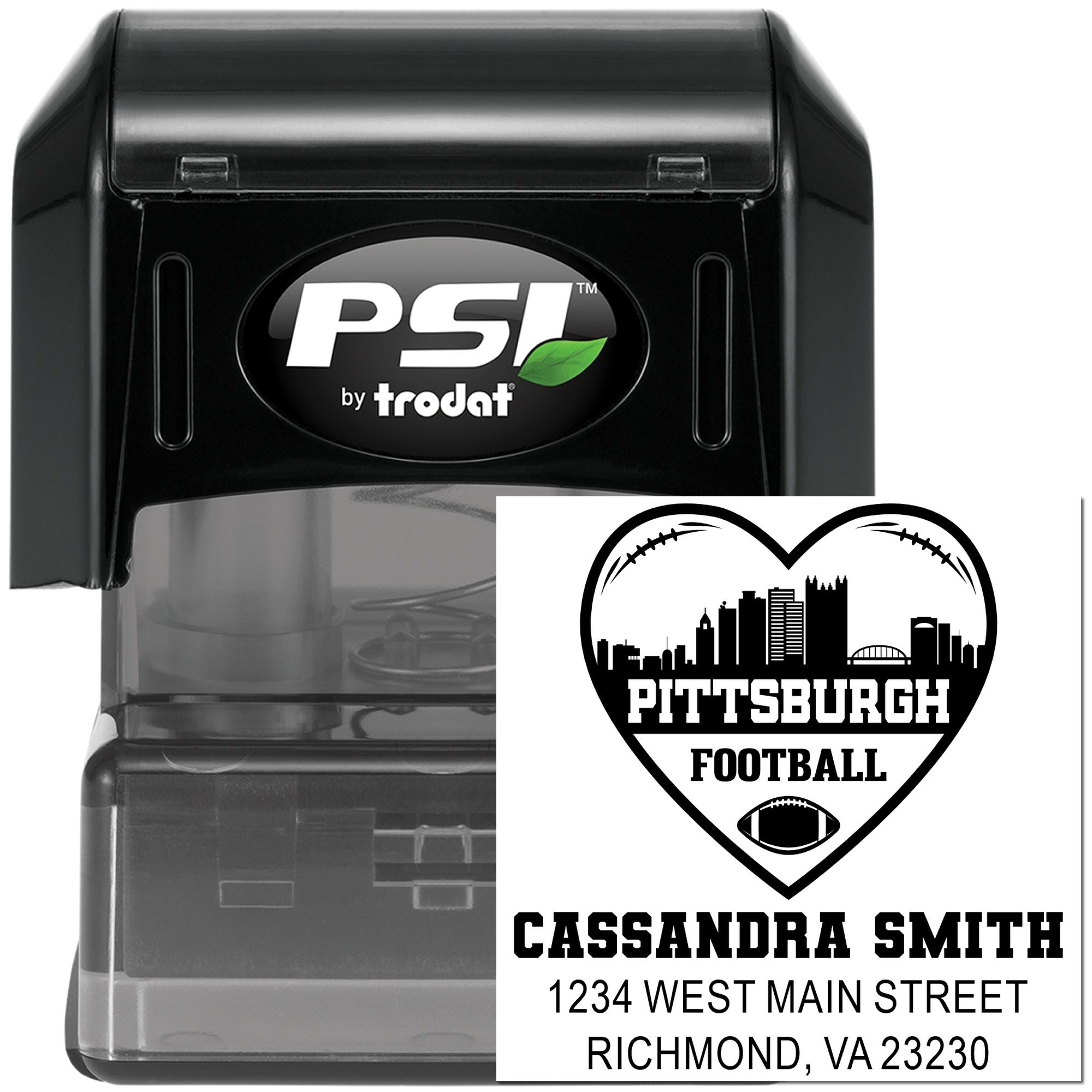 PSI by Trodat self-inking personalized rubber address stamp with Pittsburgh football heart design and custom name and address.