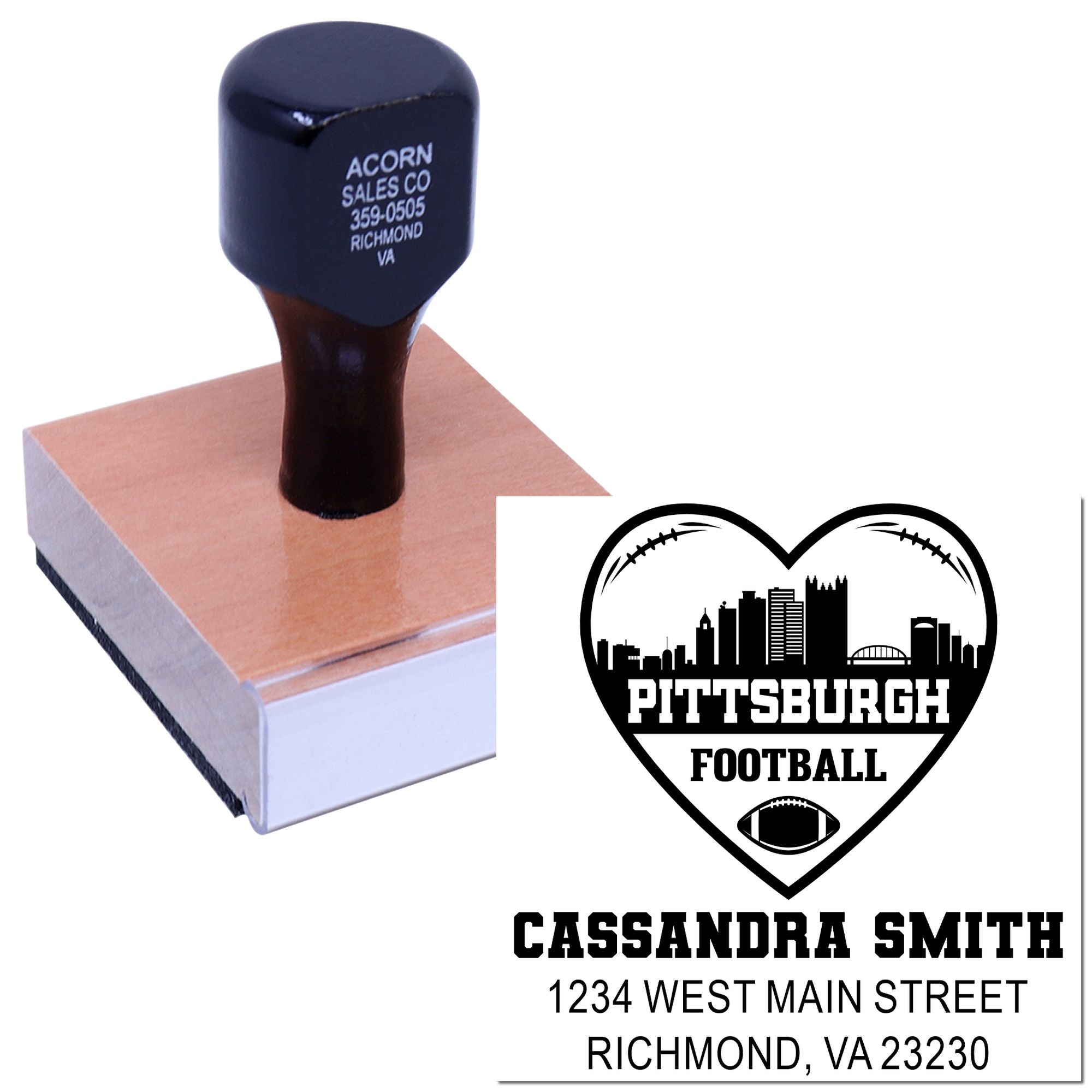 Personalized rubber stamp with Pittsburgh football heart logo and address, shown on a wood-mounted stamp block.