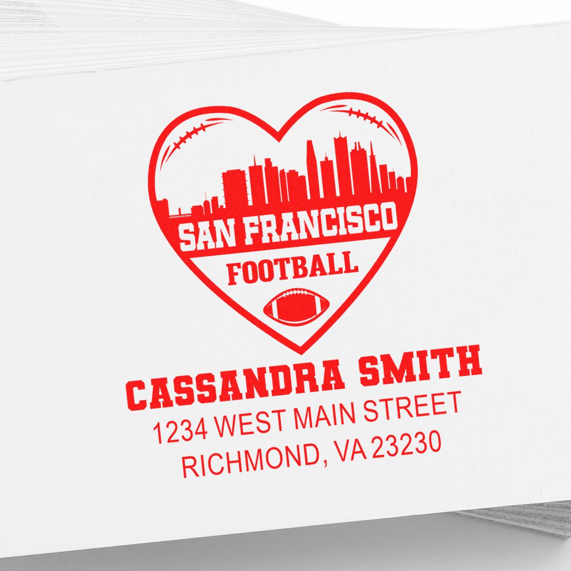 Personalized custom address rubber stamp with San Francisco football heart design for Cassandra Smith, Richmond, VA.