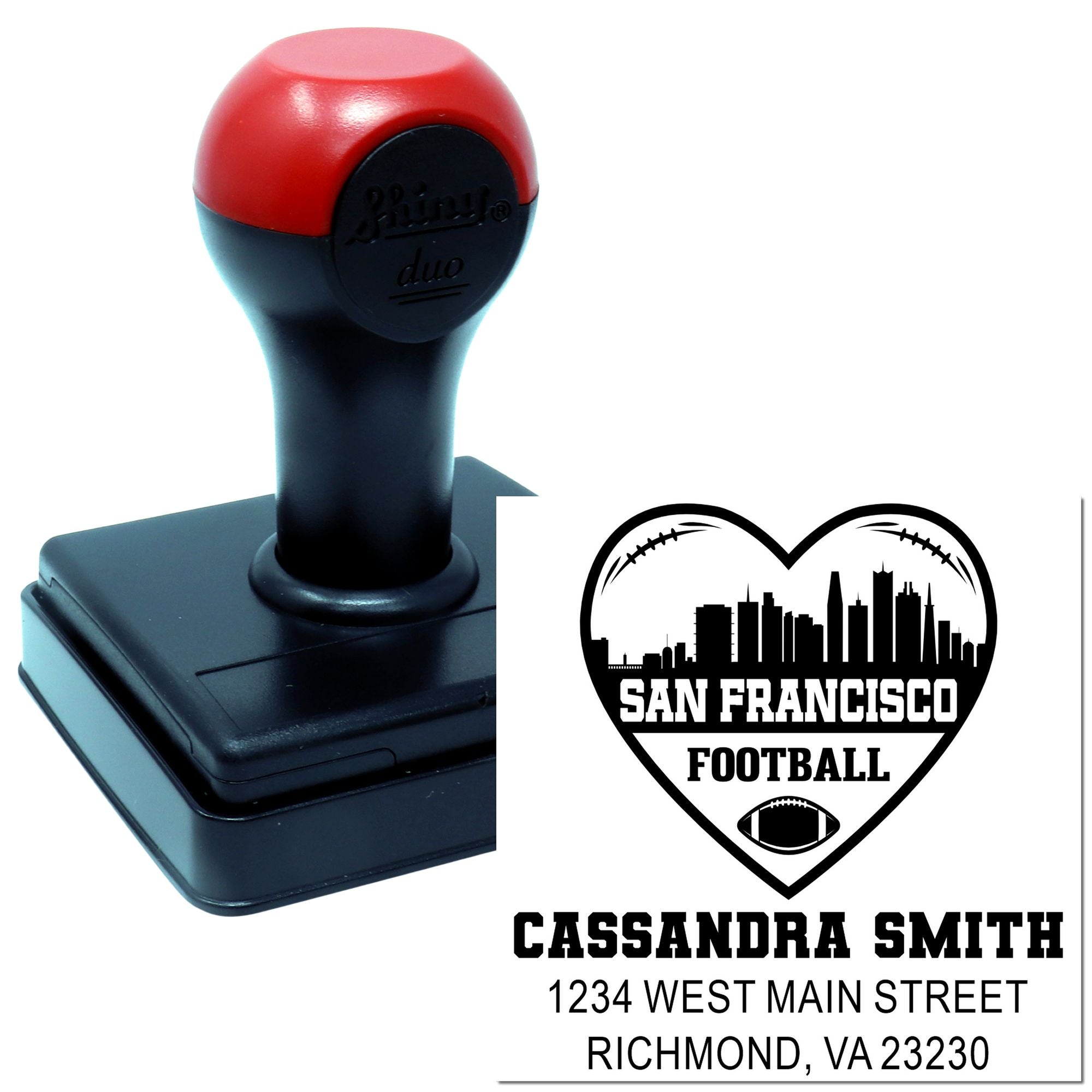 Personalized self-inking rubber stamp with San Francisco football heart logo, name, and address.