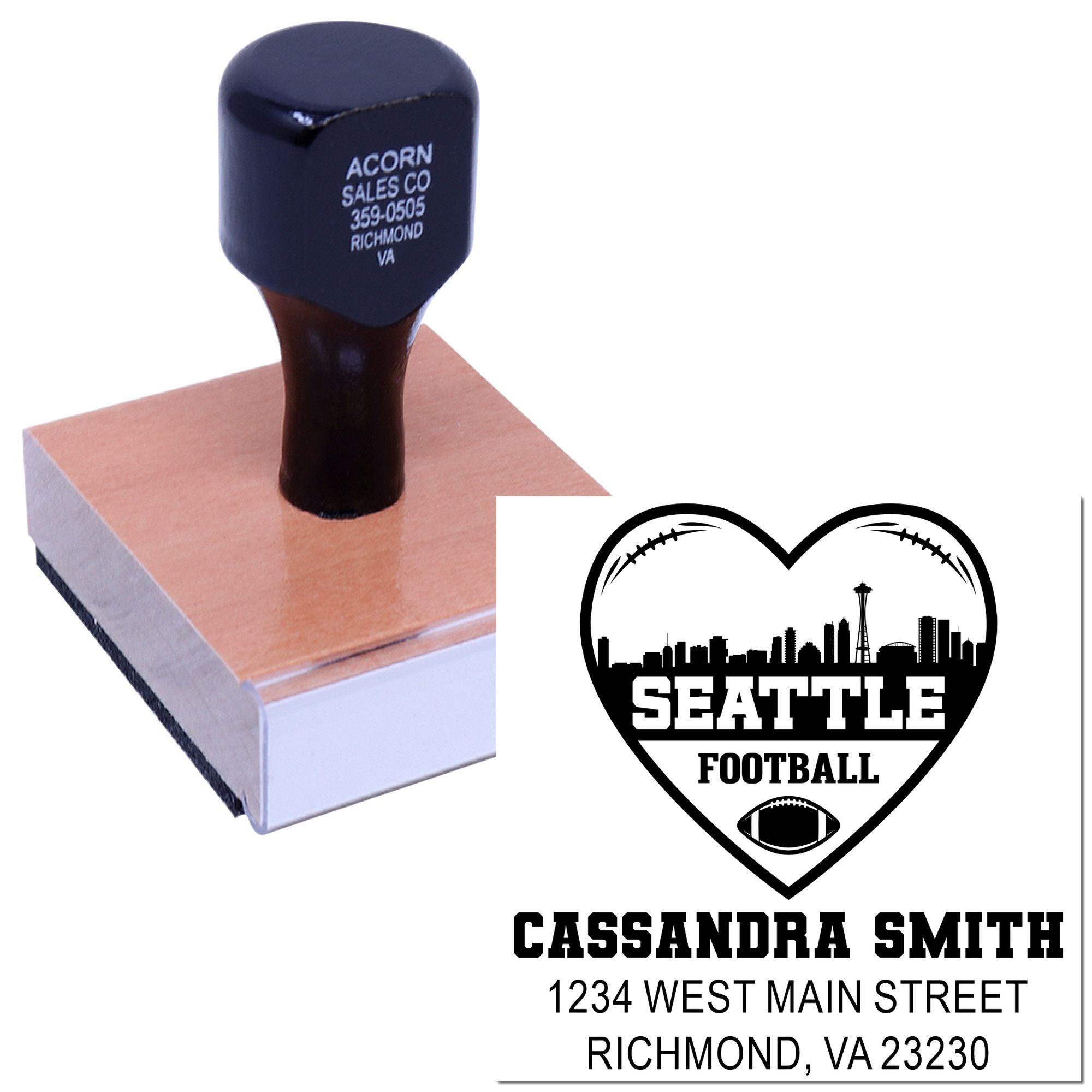 Custom rubber stamp with Seattle football heart logo, name, and address for personalized branding and mailing.