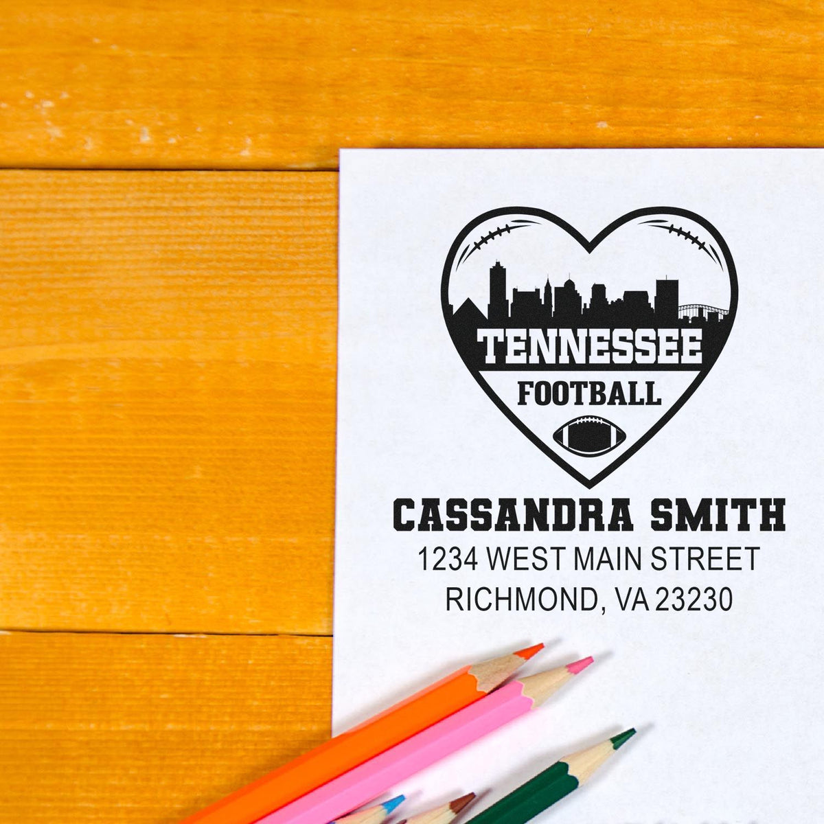 Personalized Tennessee football address rubber stamp with heart skyline design for mailing and stationery