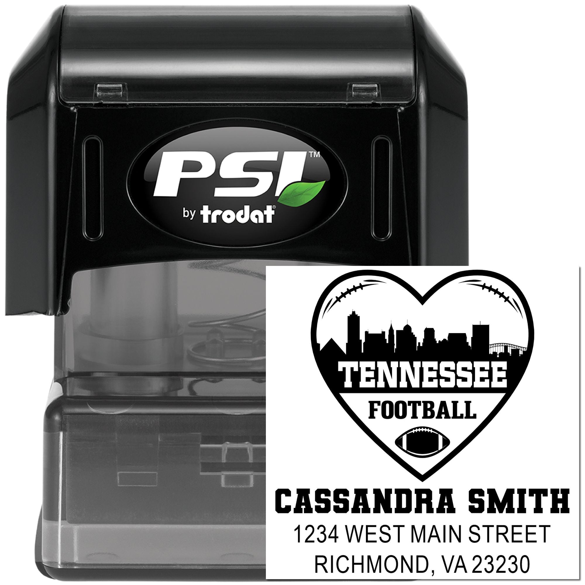 Custom self-inking rubber stamp with Tennessee Football heart design, name, and address by PSI Trodat