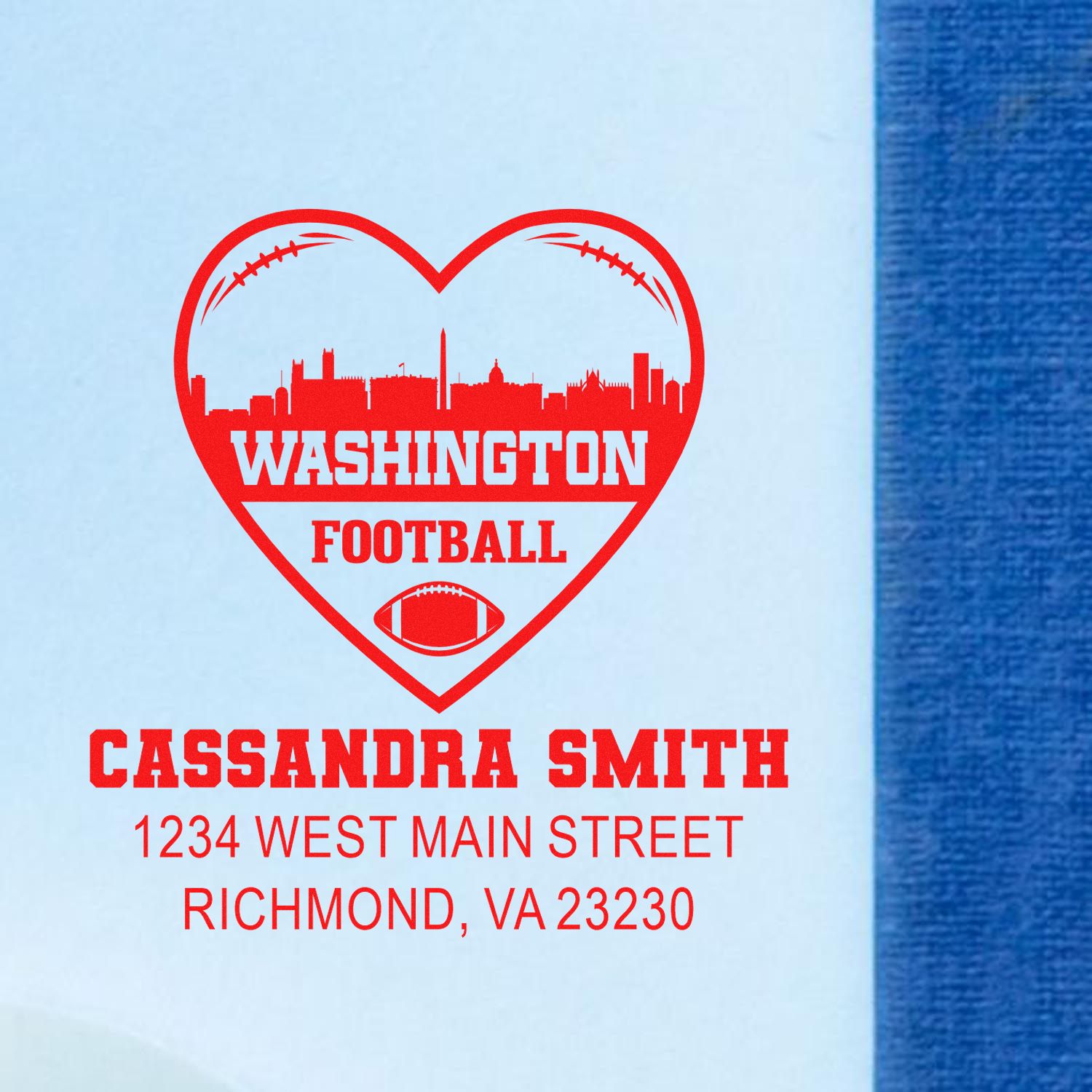 Personalized Washington football rubber stamp with heart skyline and return address for Cassandra Smith, Richmond, VA.