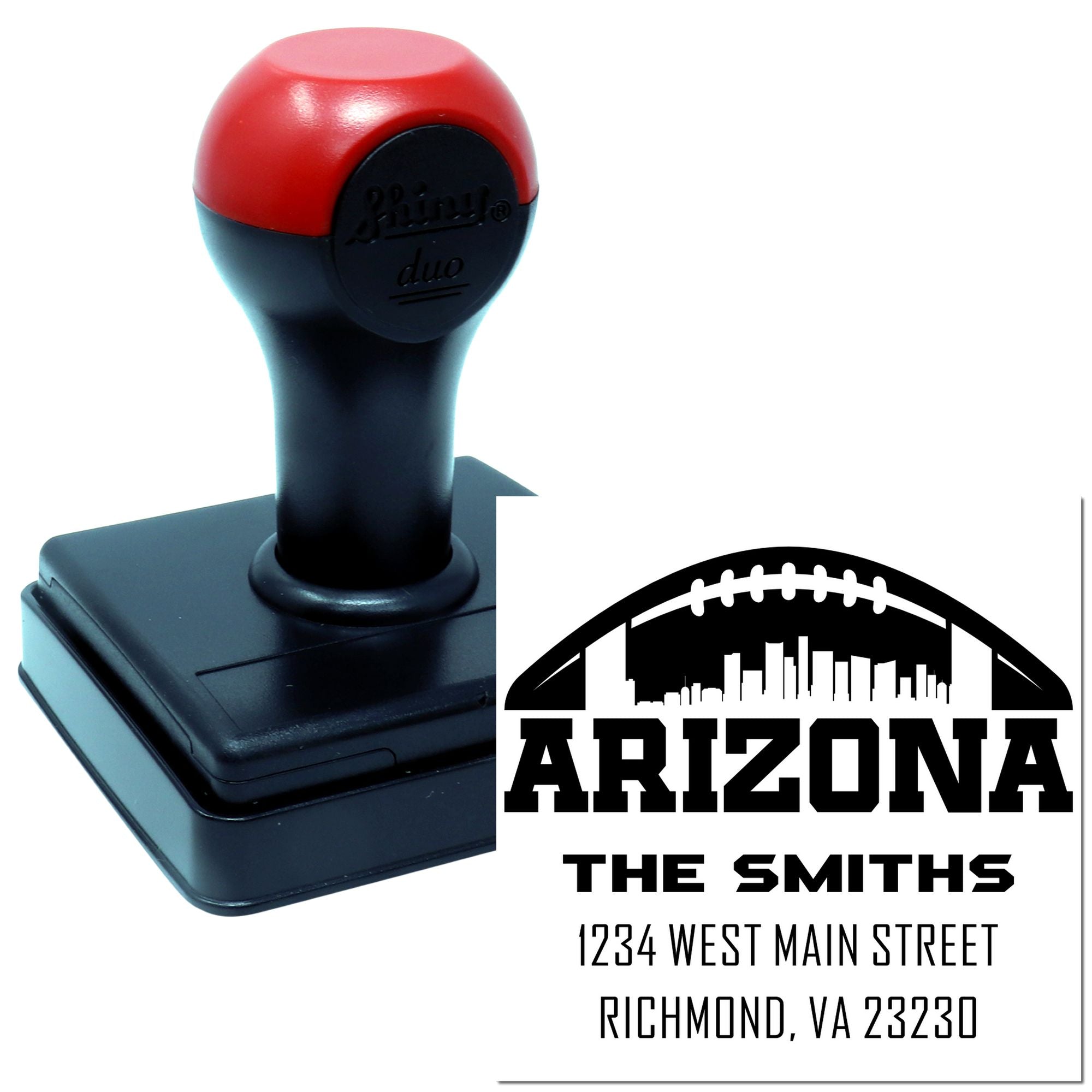 Custom self-inking rubber address stamp with Arizona football design for The Smiths, ideal for return address impressions.