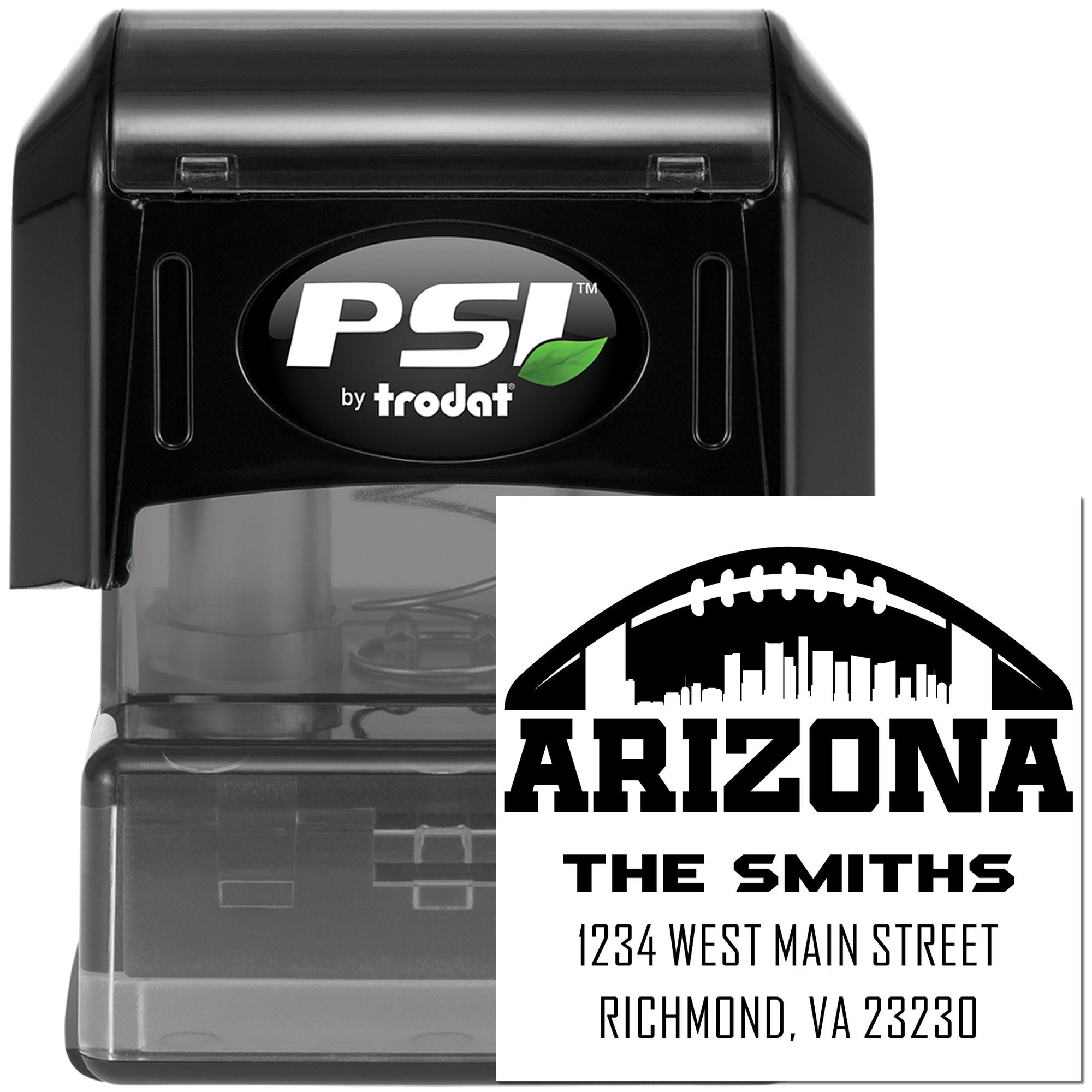 PSI by Trodat custom self-inking rubber stamp with Arizona The Smiths address and football logo for personalized return mail.