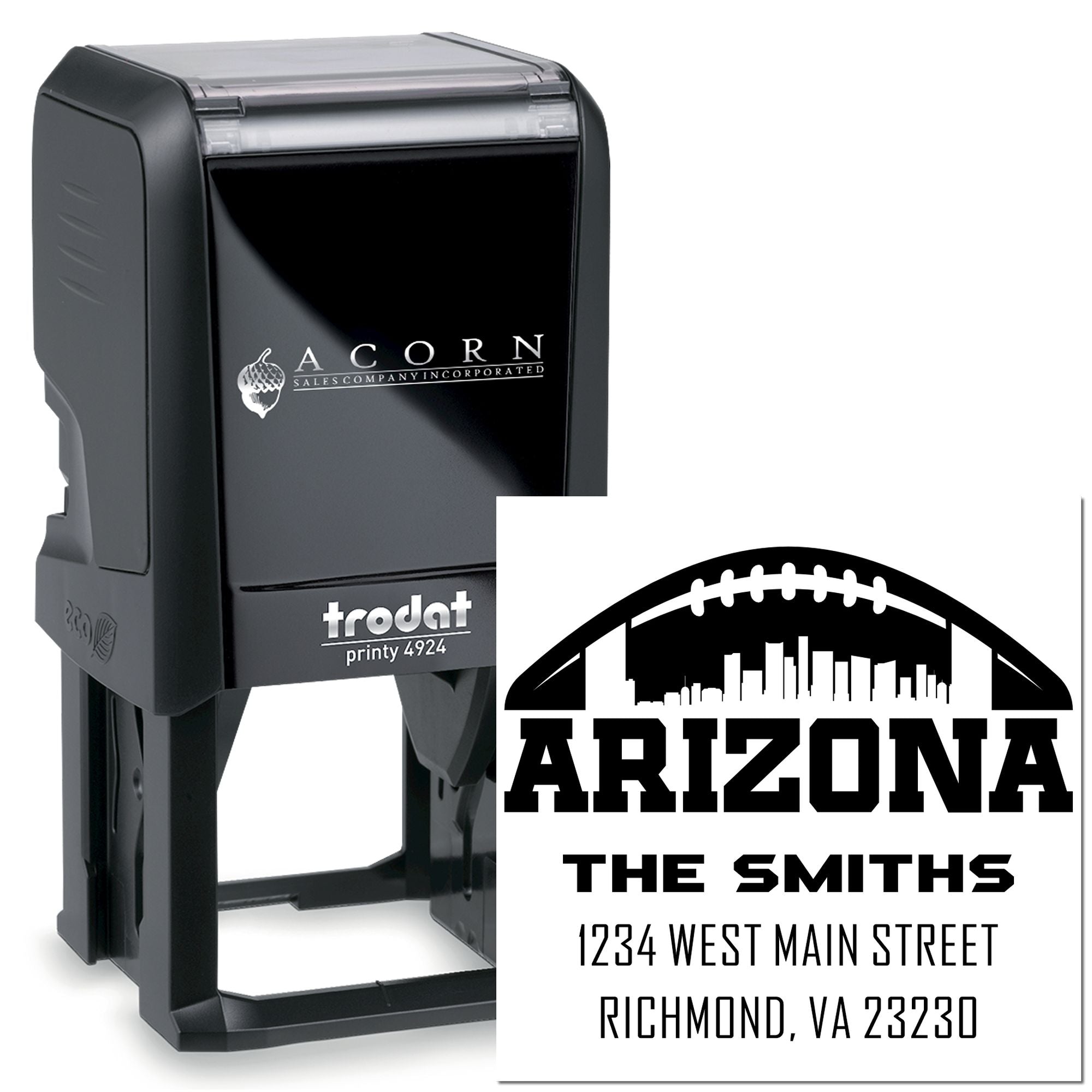 Custom self-inking rubber stamp for Arizona return addresses, featuring family name, address, and football-themed design.