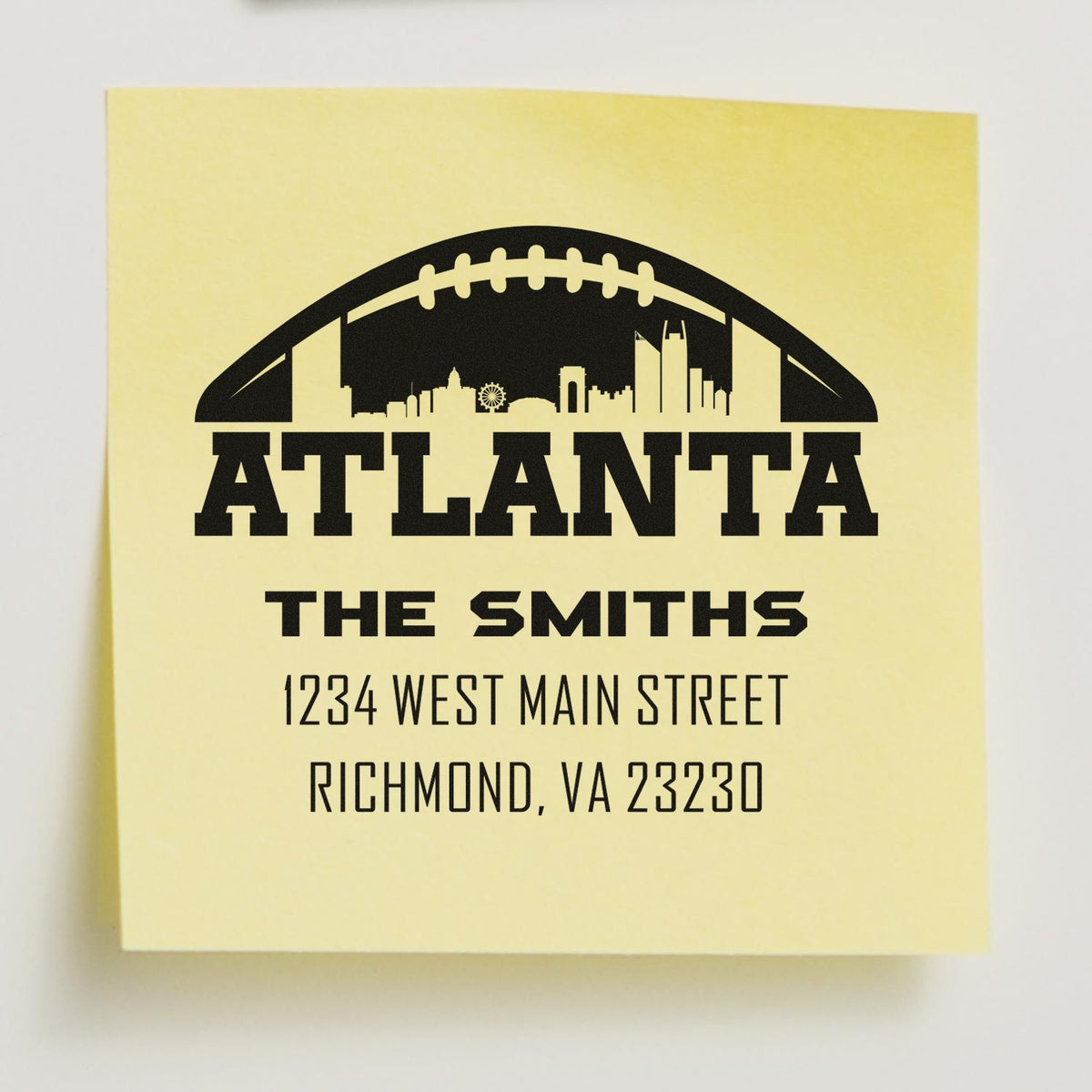 Custom Atlanta return address rubber stamp with skyline football logo for The Smiths, Richmond, VA 23230.