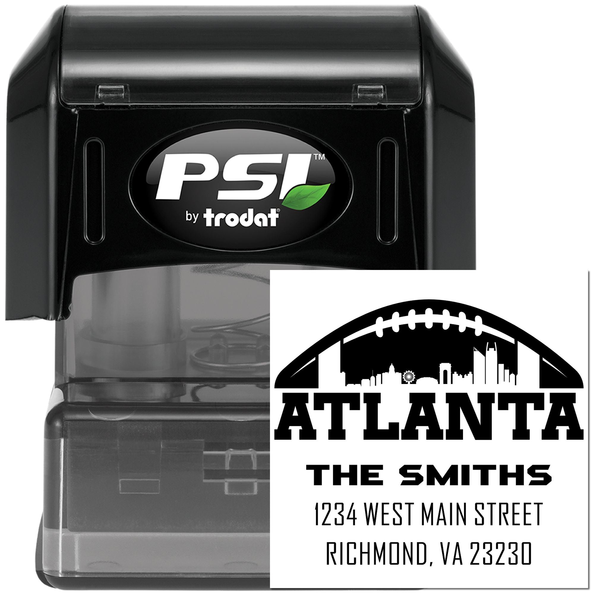 Custom self-inking rubber stamp by PSI Trodat for Atlanta return address imprint, personalized for The Smiths.