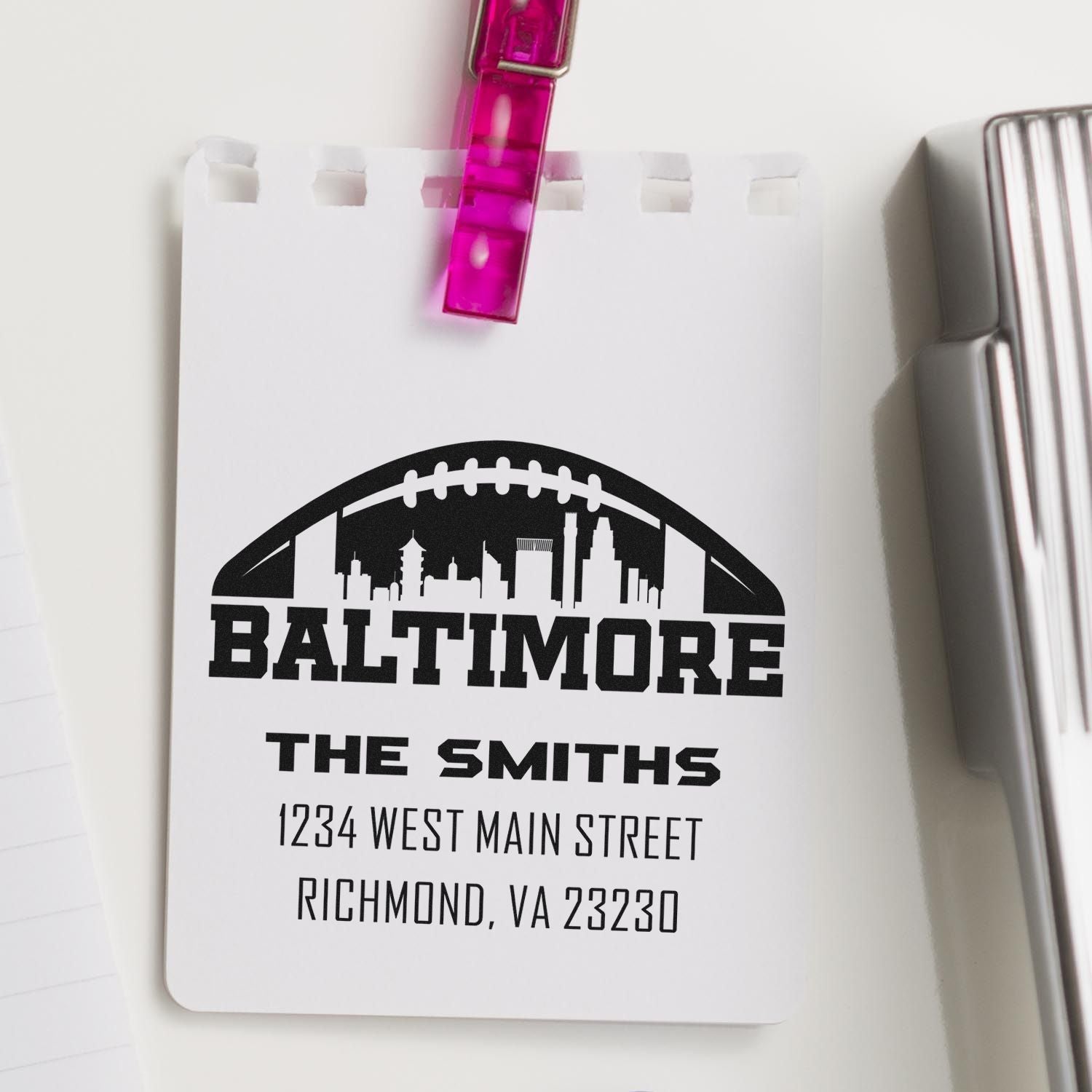 Custom Baltimore address rubber stamp with skyline football logo for The Smiths, featuring name and Richmond, VA mailing address.
