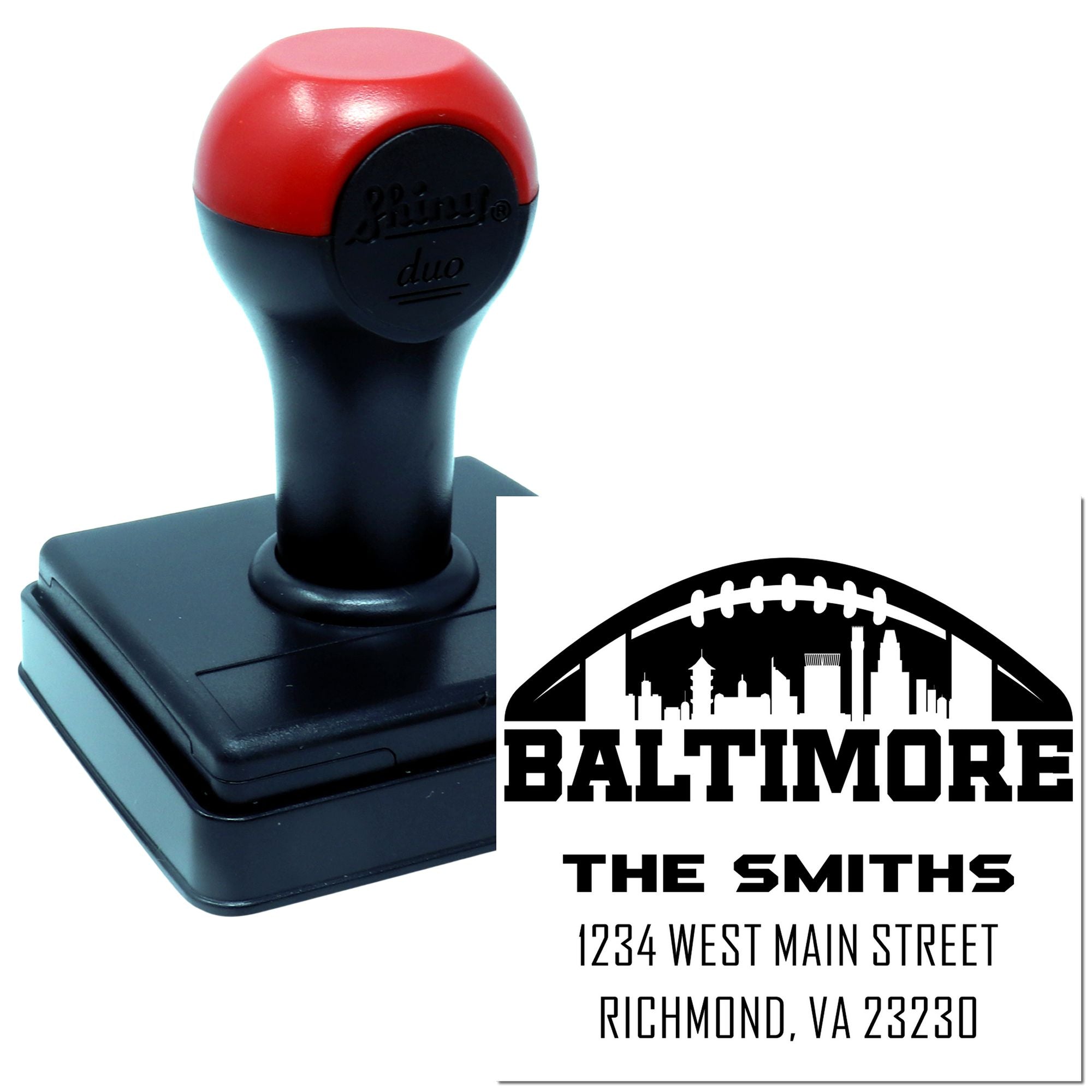 Custom self-inking address stamp for The Smiths, Baltimore skyline return address with name and street details.