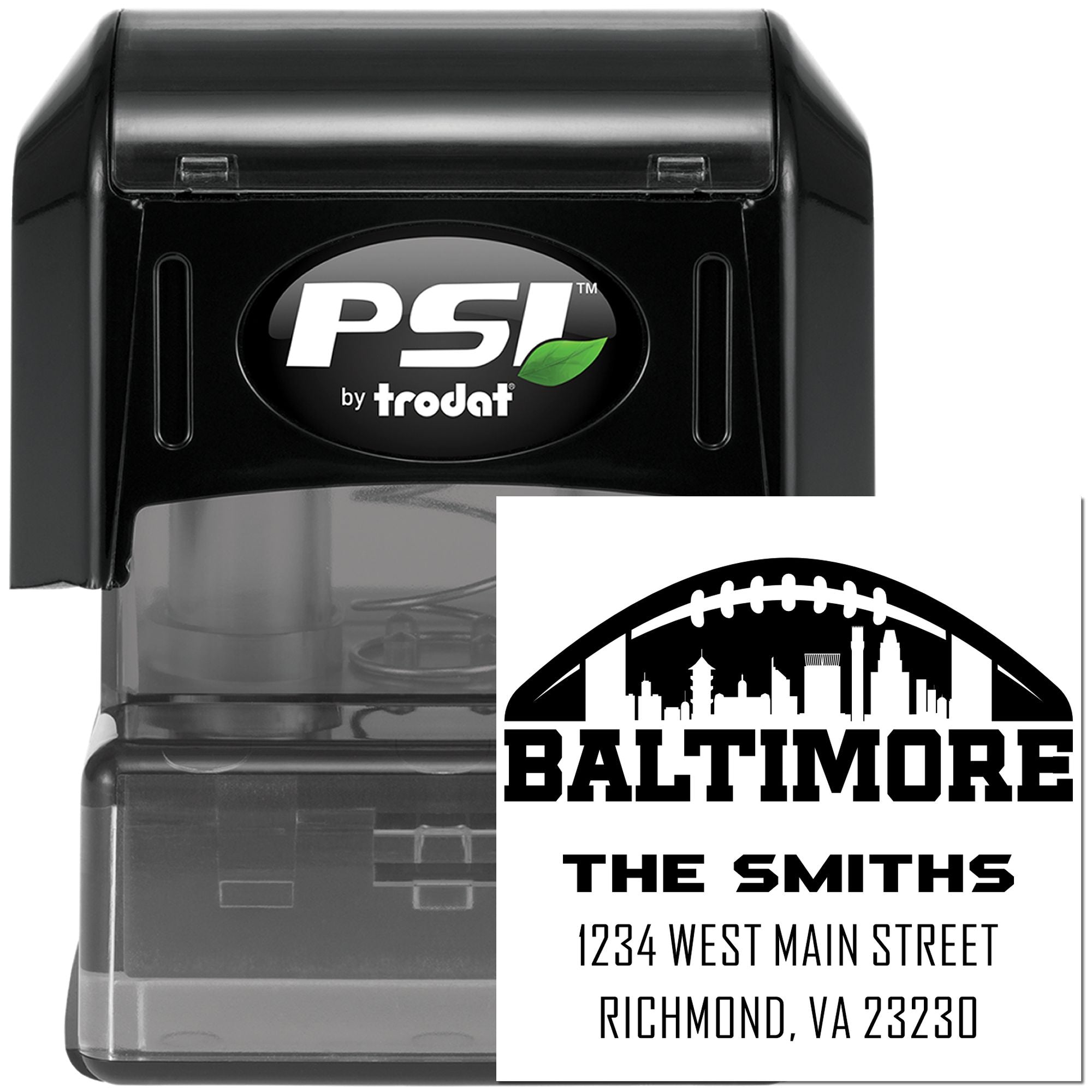 Custom Baltimore self-inking rubber stamp by PSI Trodat for The Smiths, 1234 West Main Street, Richmond, VA 23230