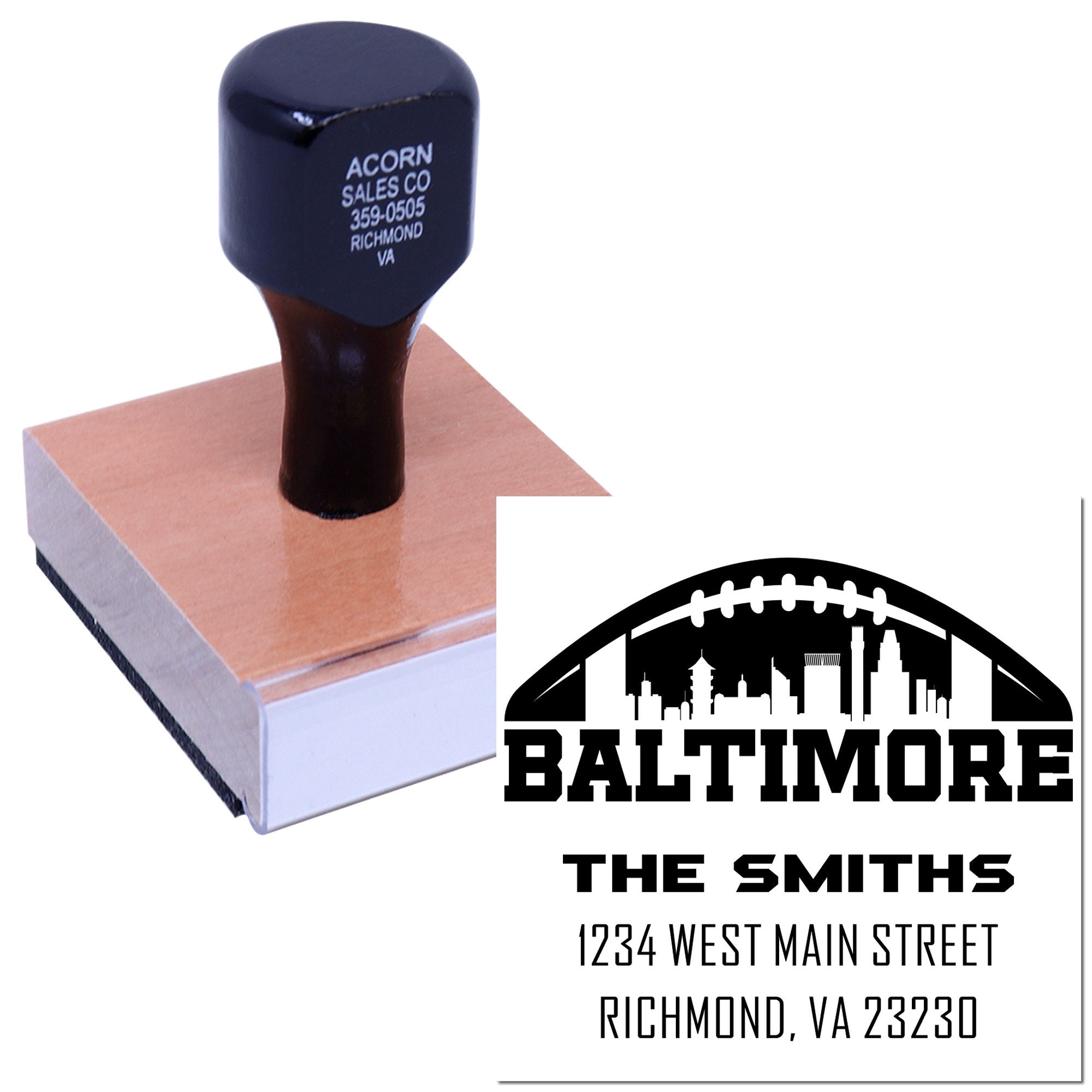 Custom rubber address stamp with Baltimore skyline and The Smiths address for mailing and branding.
