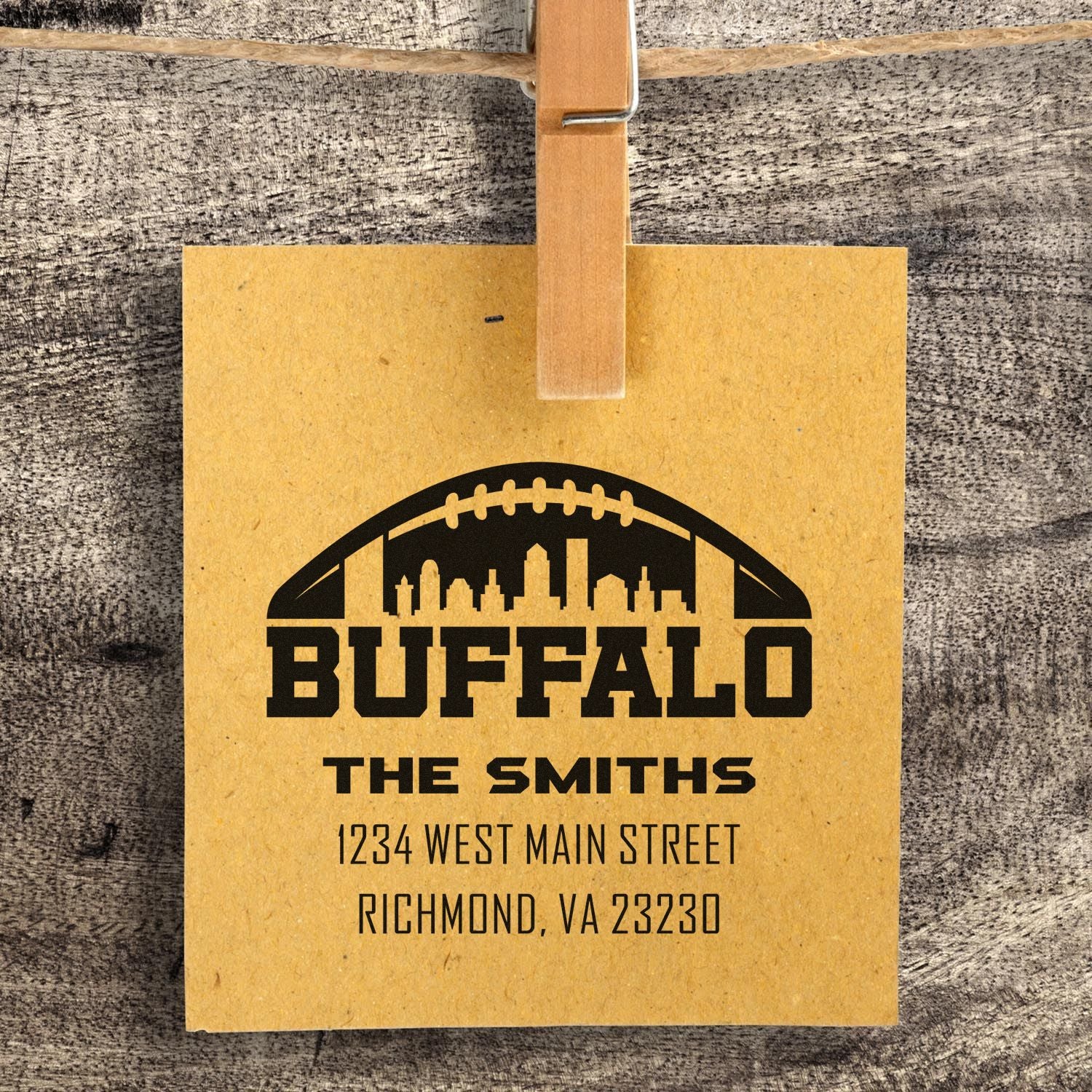 Custom Buffalo football address stamp design on clipped paper, featuring The Smiths and Richmond, VA return address.