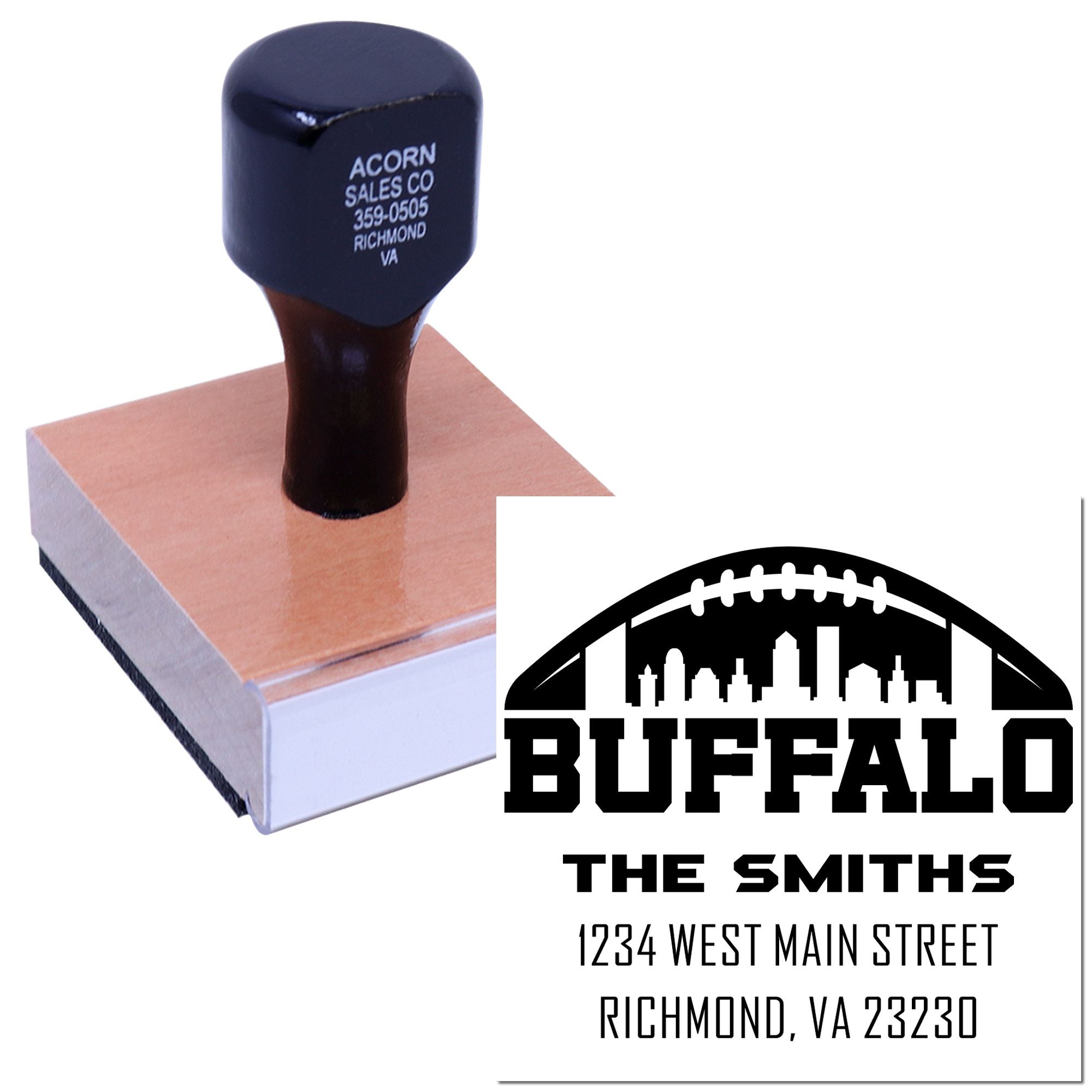 Custom Buffalo address rubber stamp with football logo, showing personalized return address imprint for mailings and packaging.