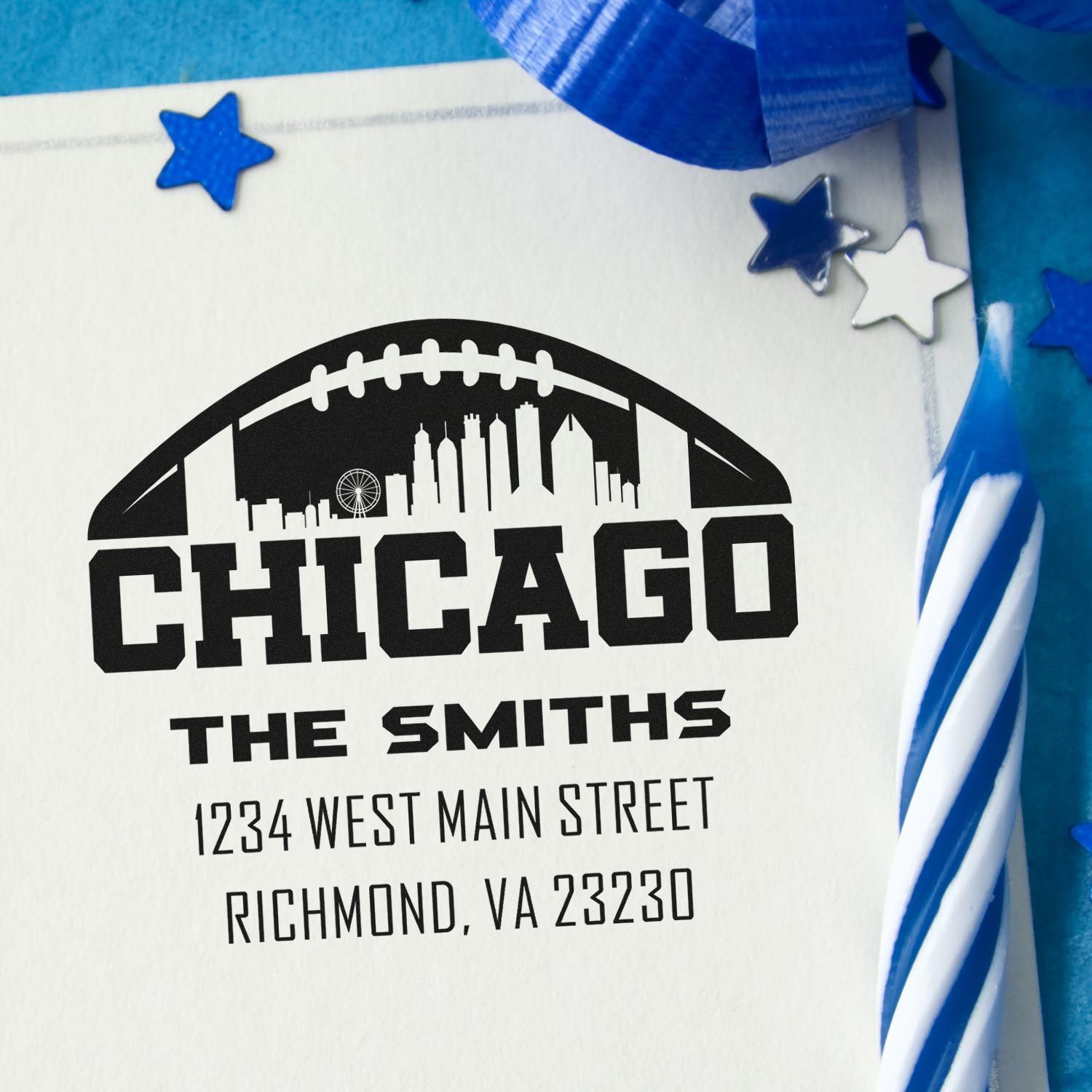 Custom Chicago football return address rubber stamp with skyline and The Smiths address on stationery.