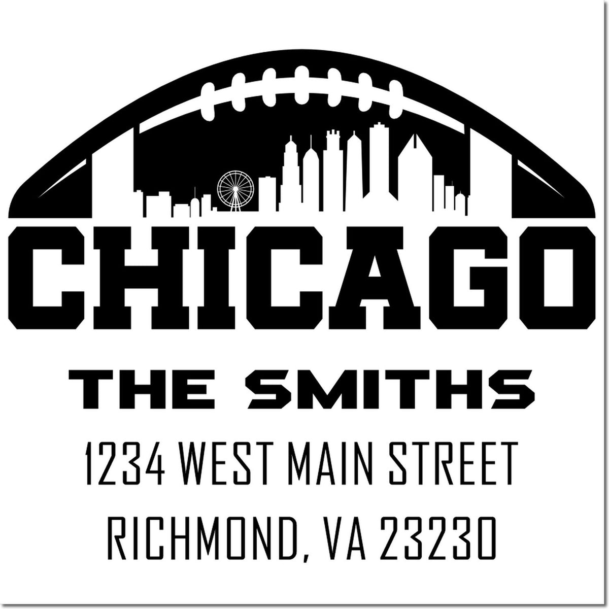 Custom rubber address stamp for The Smiths with Chicago skyline, football arch, 1234 West Main St, Richmond, VA 23230.
