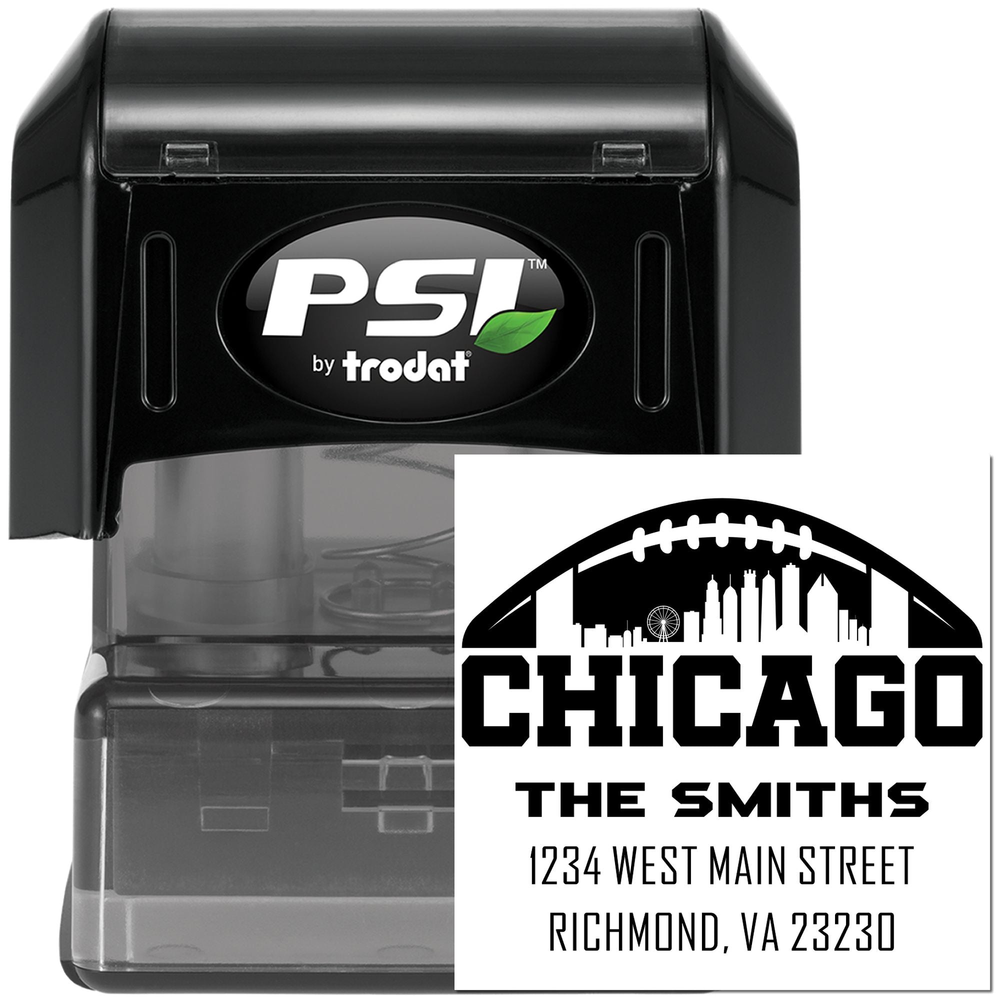 PSI by Trodat self-inking custom rubber stamp with Chicago return address imprint for The Smiths business mailing.