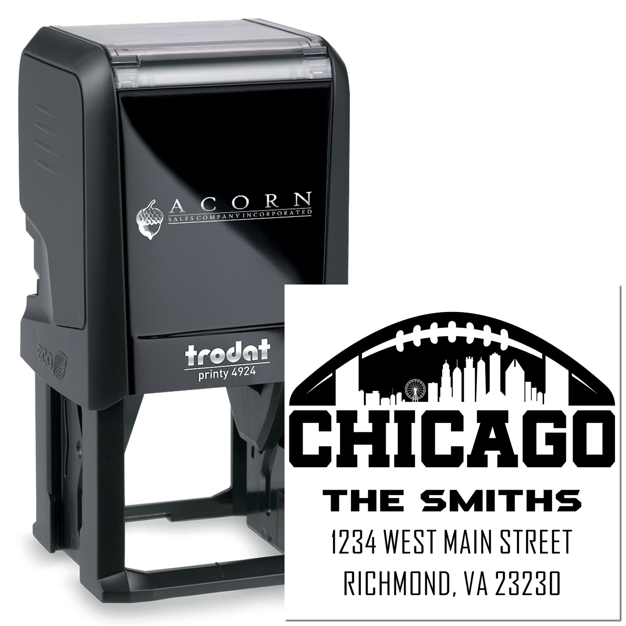 Trodat Printy 4924 self-inking rubber stamp with custom Chicago address design for personalized business mailing