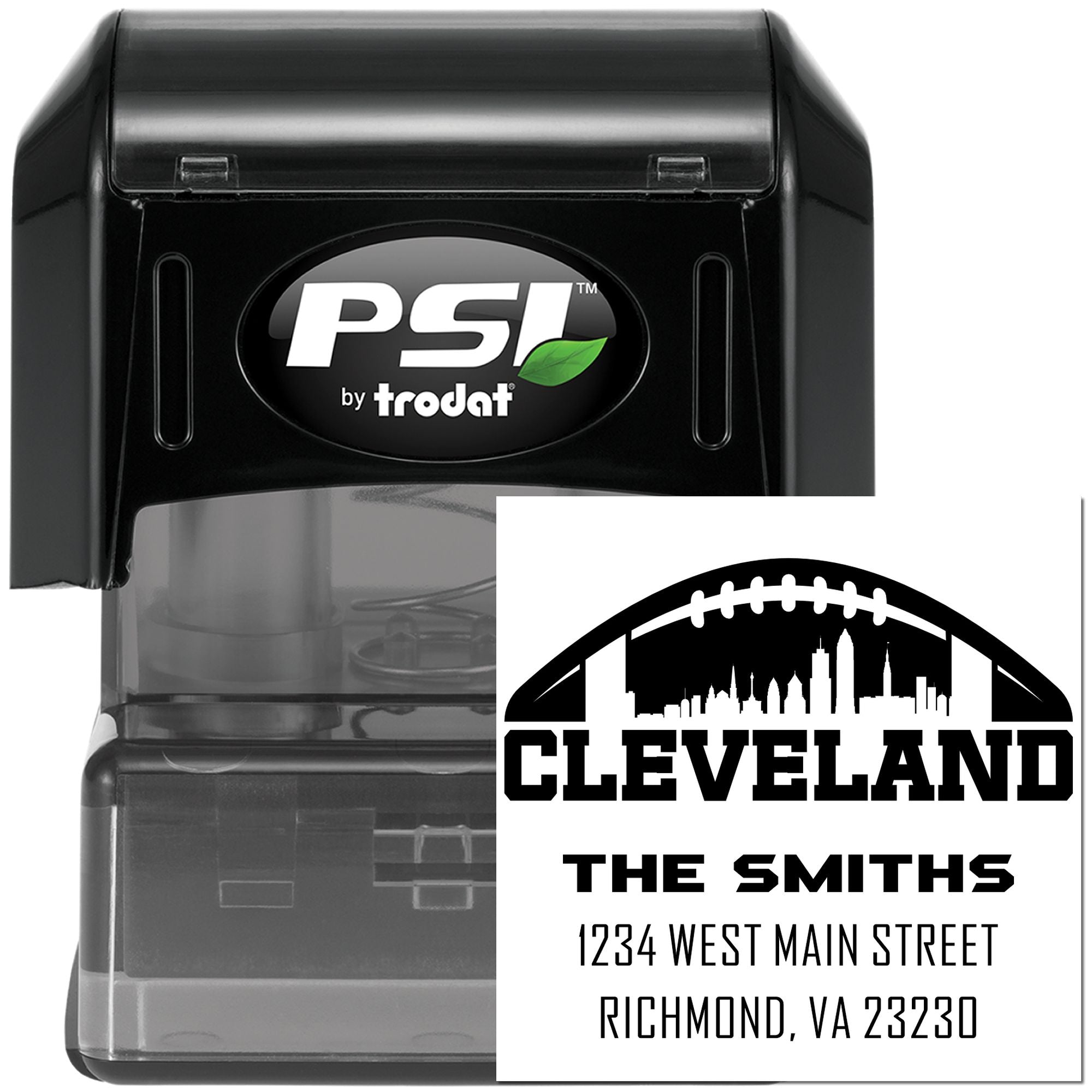 Custom self-inking rubber address stamp by PSI by Trodat with The Smiths return address and Cleveland design.