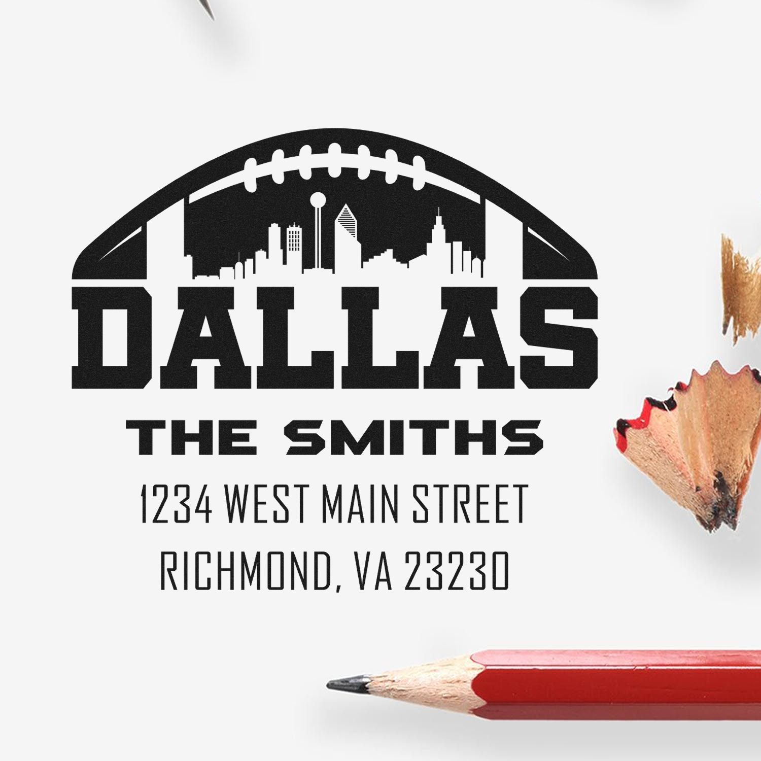 Custom Dallas family return address rubber stamp with football skyline, The Smiths, Richmond, VA 23230